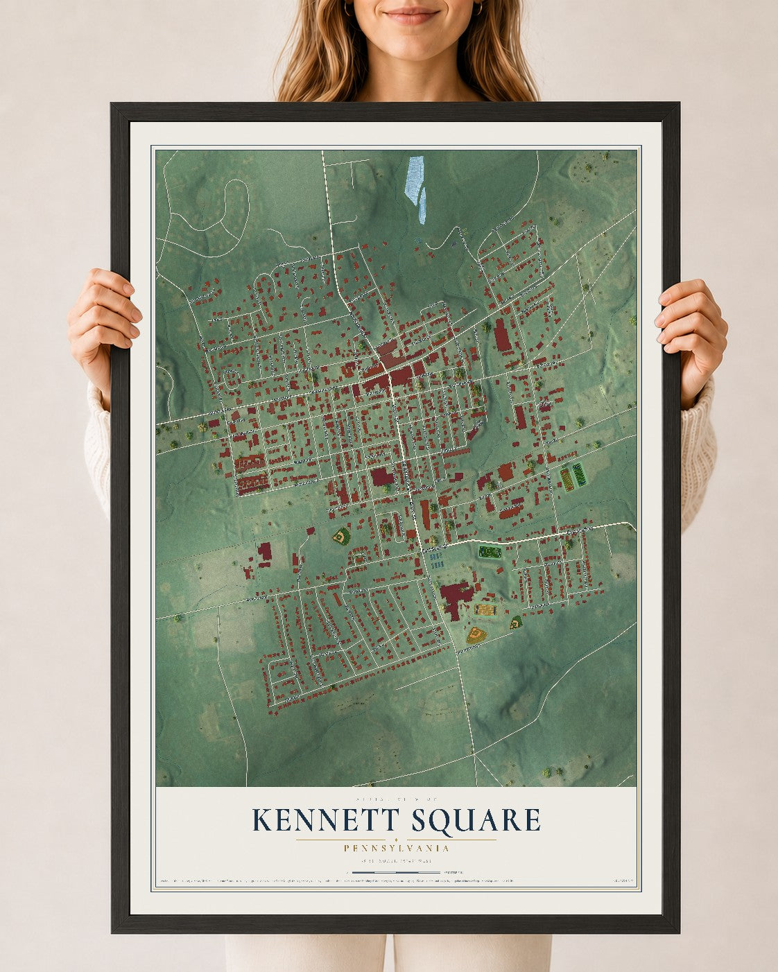 Map of Kennett Square, Pennsylvania, 24 x 36 inch print in a black wood frame