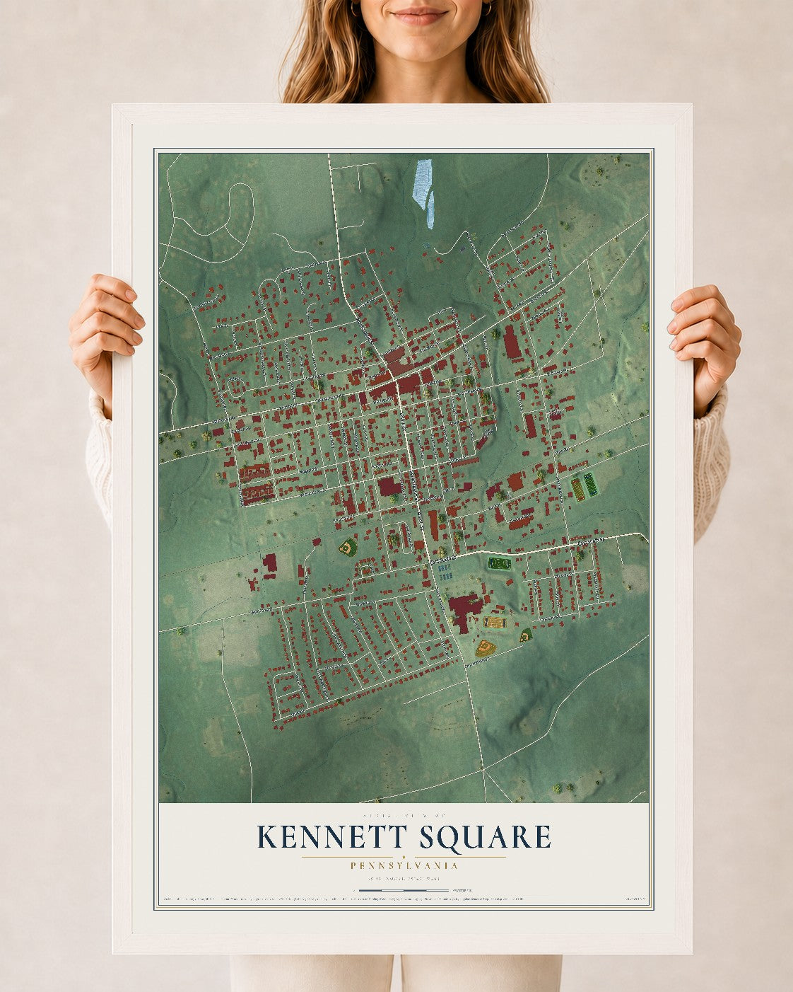 Map of Kennett Square, Pennsylvania, 24 x 36 inch print in a white wood frame