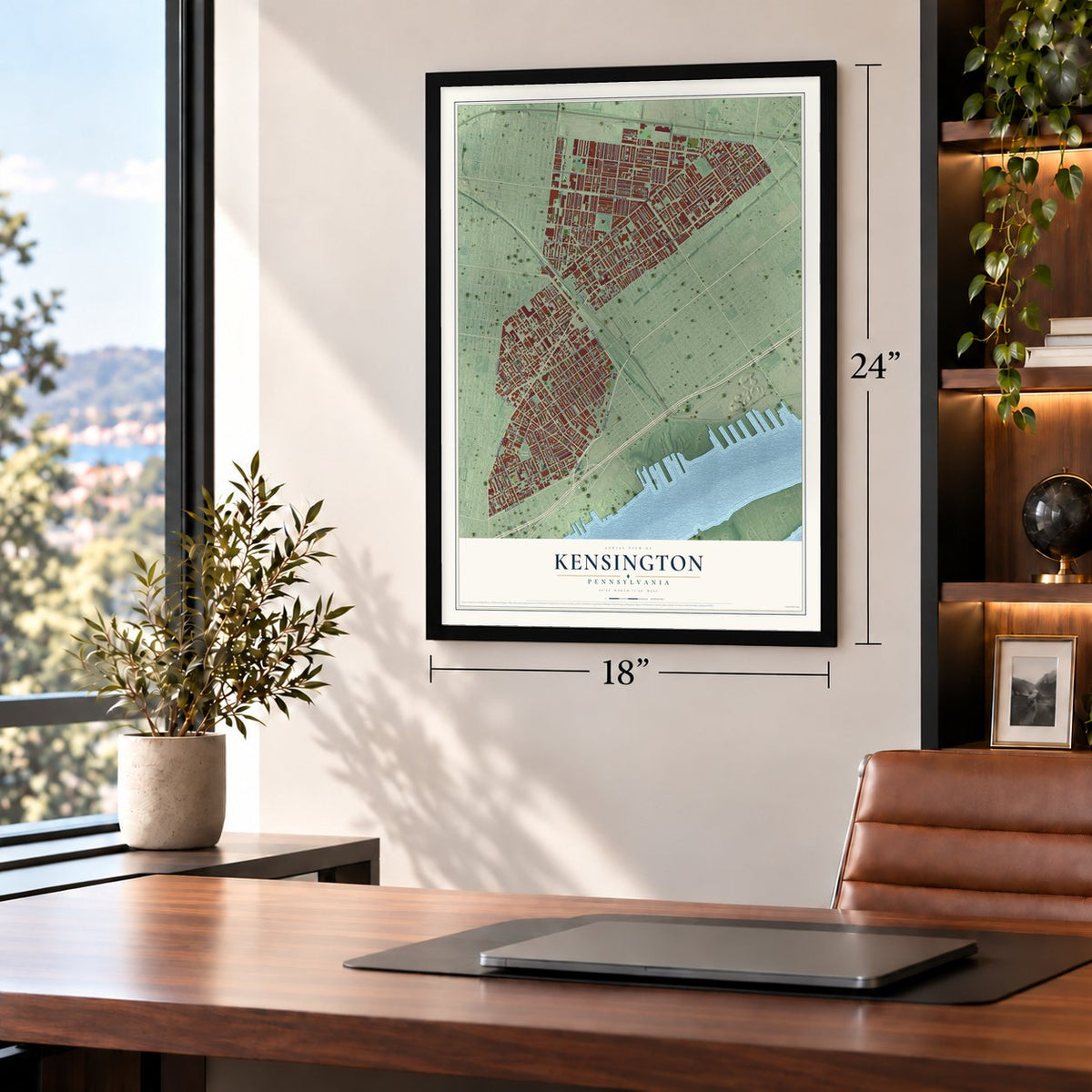 Kensington, Pennsylvania map, 18 x 24 inch print in a black frame in a home office