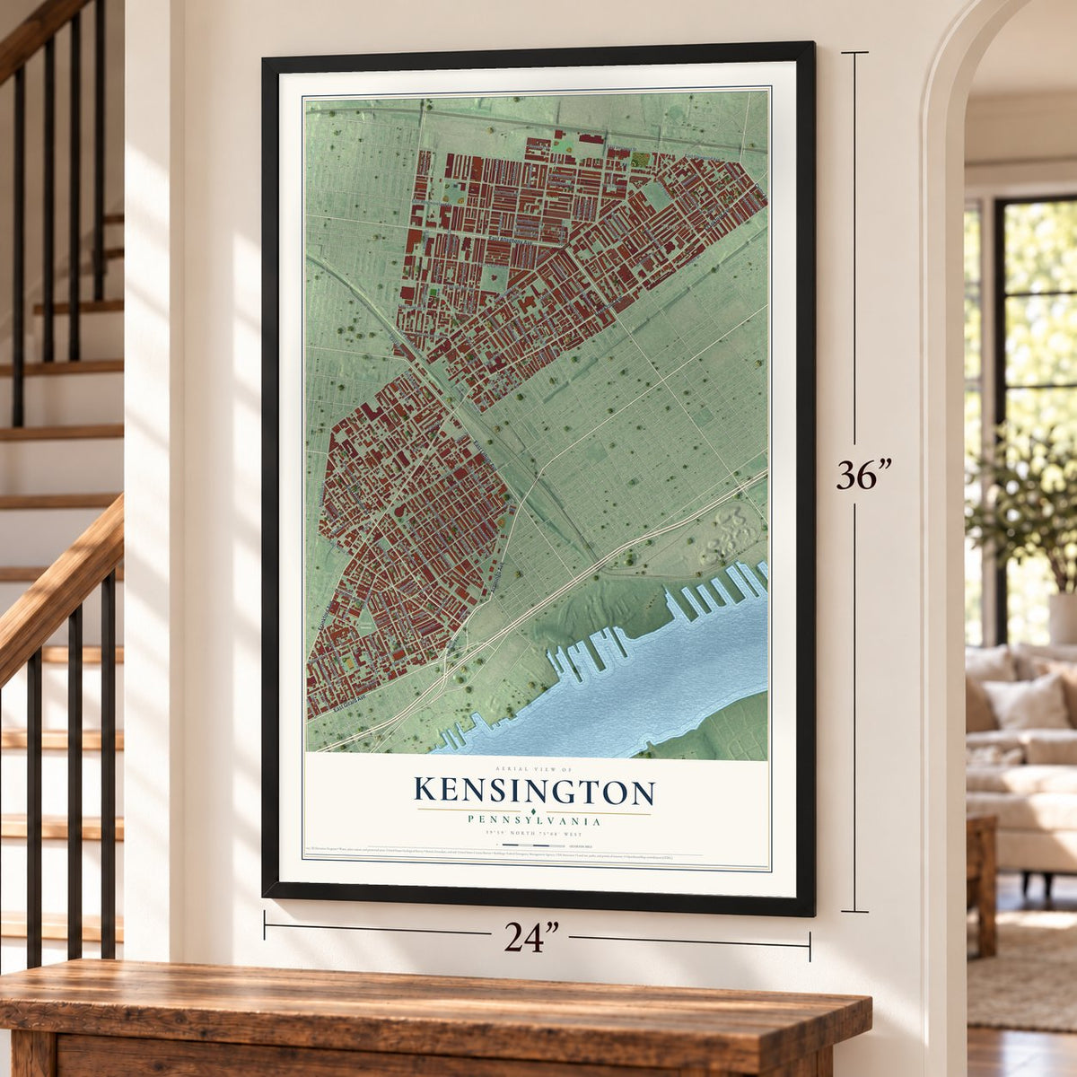 Kensington, Pennsylvania map, 24 x 36 inch print in a black frame by a staircase