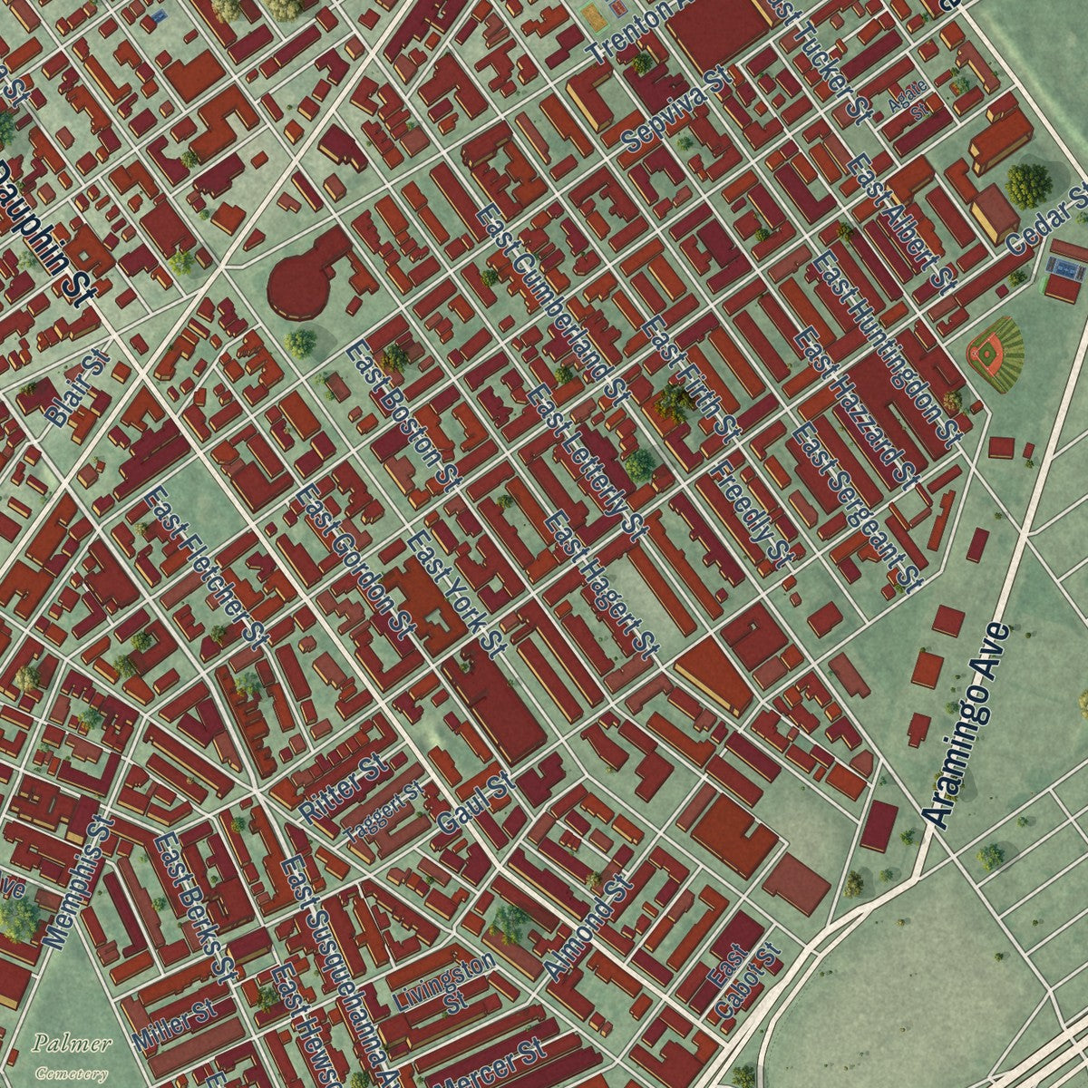 Close-up of the map of Kensington, Pennsylvania print showing street and building detail