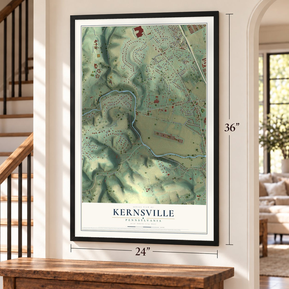 Kernsville, Pennsylvania map, 24 x 36 inch print in a black frame by a staircase
