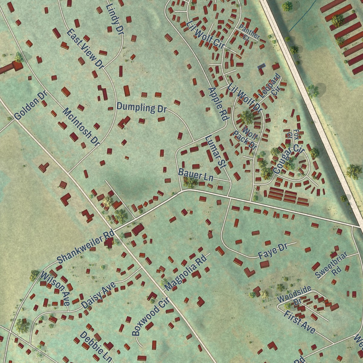 Close-up of the map of Kernsville, Pennsylvania print showing street and building detail