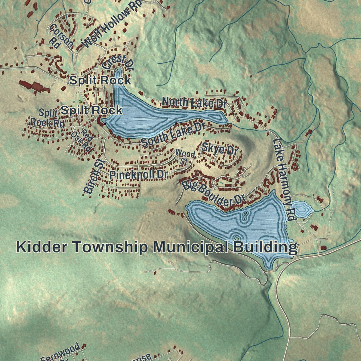 Close-up of the map of Kidder, Pennsylvania print showing street and building detail