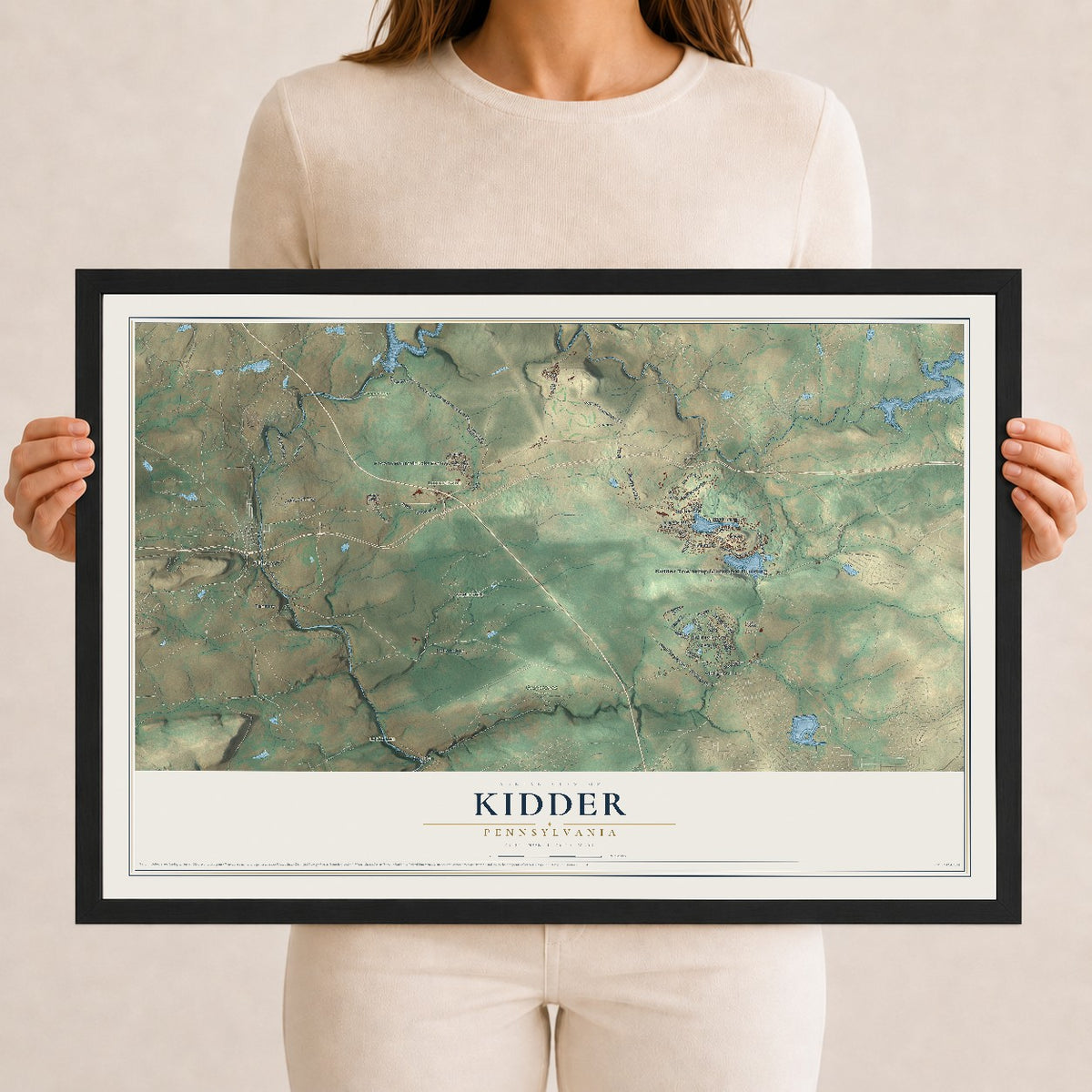 Map of Kidder, Pennsylvania, 12 x 18 inch print in a black wood frame