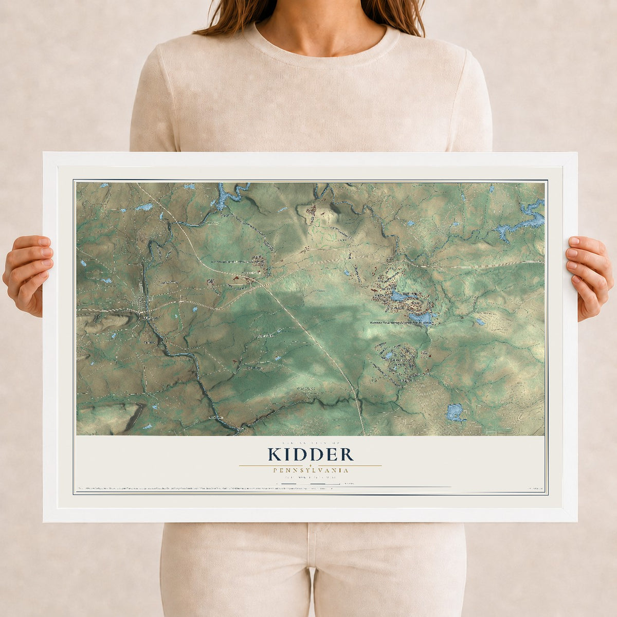 Map of Kidder, Pennsylvania, 12 x 18 inch print in a white wood frame