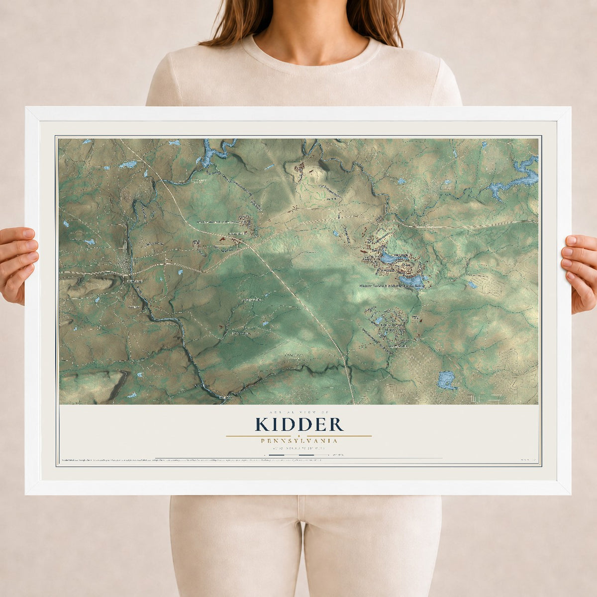 Map of Kidder, Pennsylvania, 18 x 24 inch print in a white wood frame
