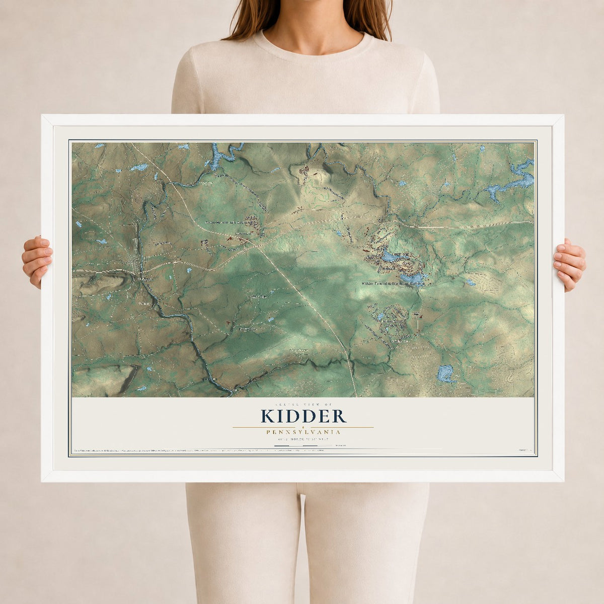 Map of Kidder, Pennsylvania, 24 x 36 inch print in a white wood frame