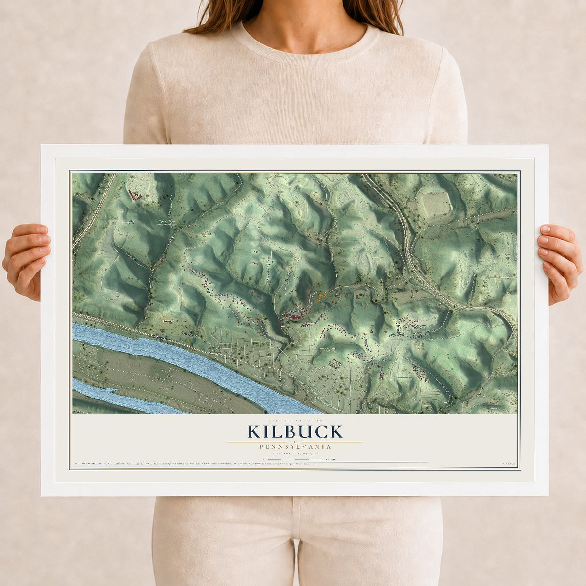 Map of Kilbuck, Pennsylvania, 12 x 18 inch print in a white wood frame