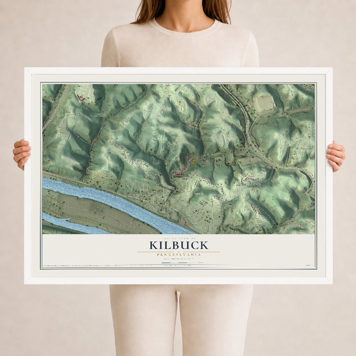 Map of Kilbuck, Pennsylvania, 24 x 36 inch print in a white wood frame