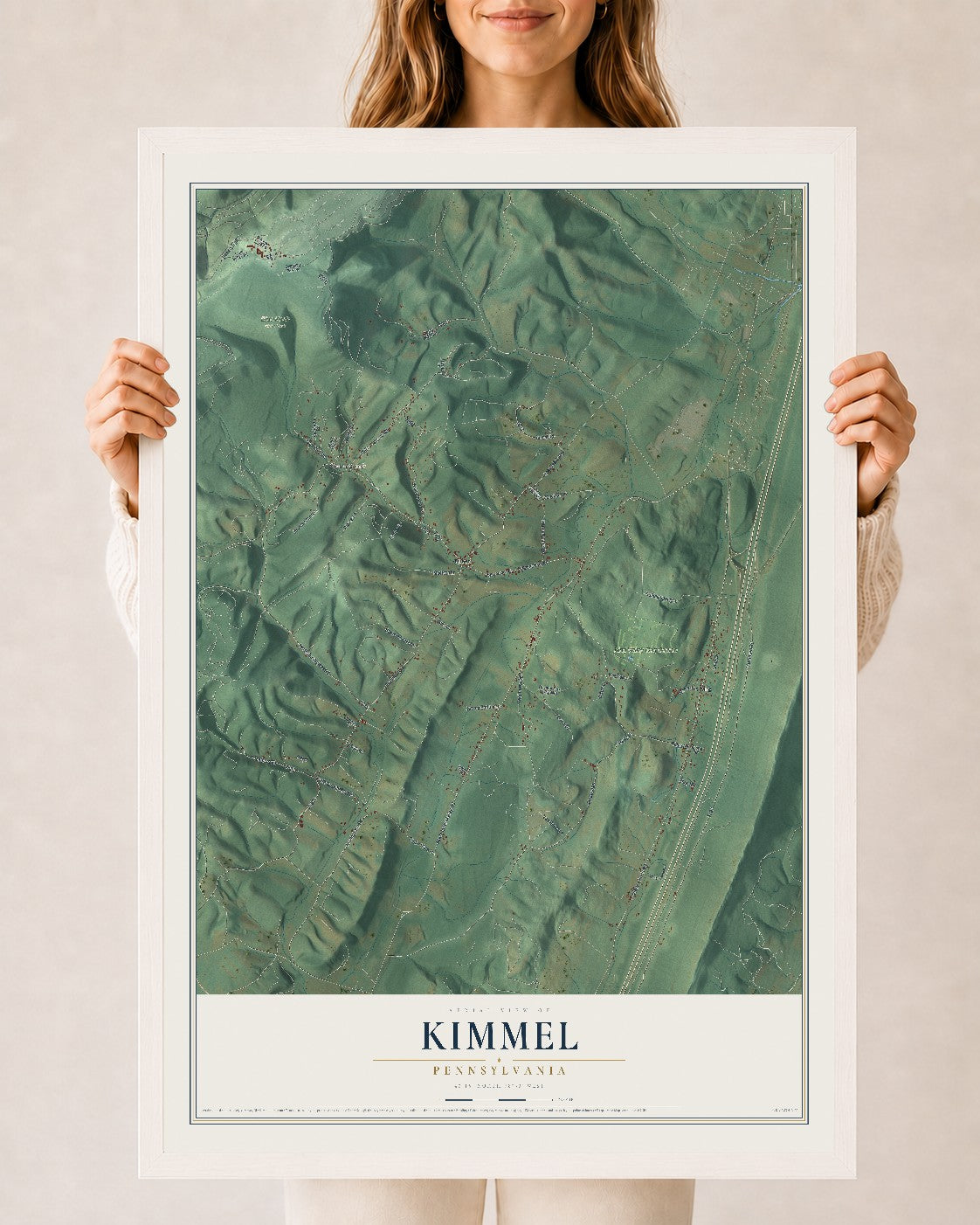 Map of Kimmel, Pennsylvania, 24 x 36 inch print in a white wood frame