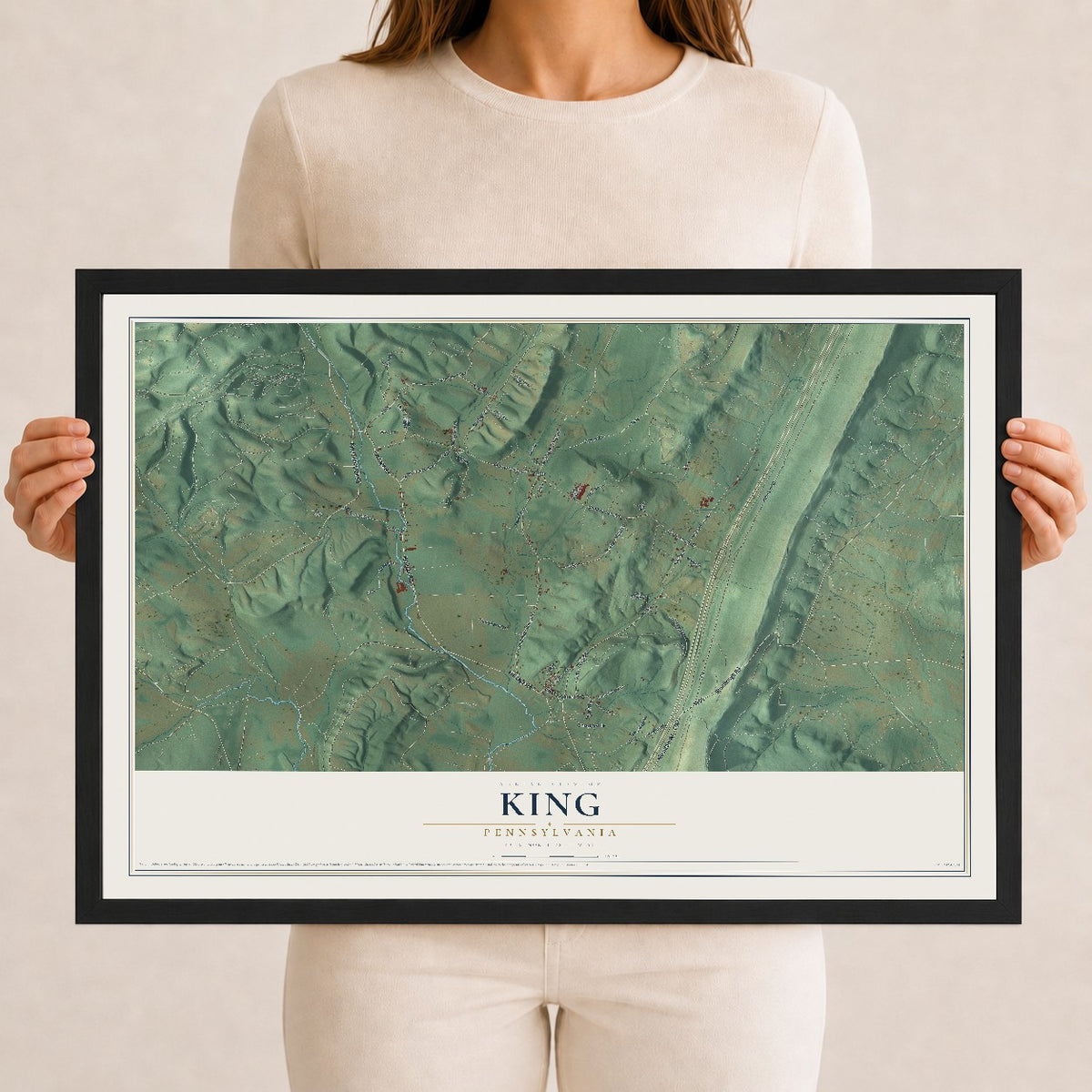 Map of King, Pennsylvania, 12 x 18 inch print in a black wood frame