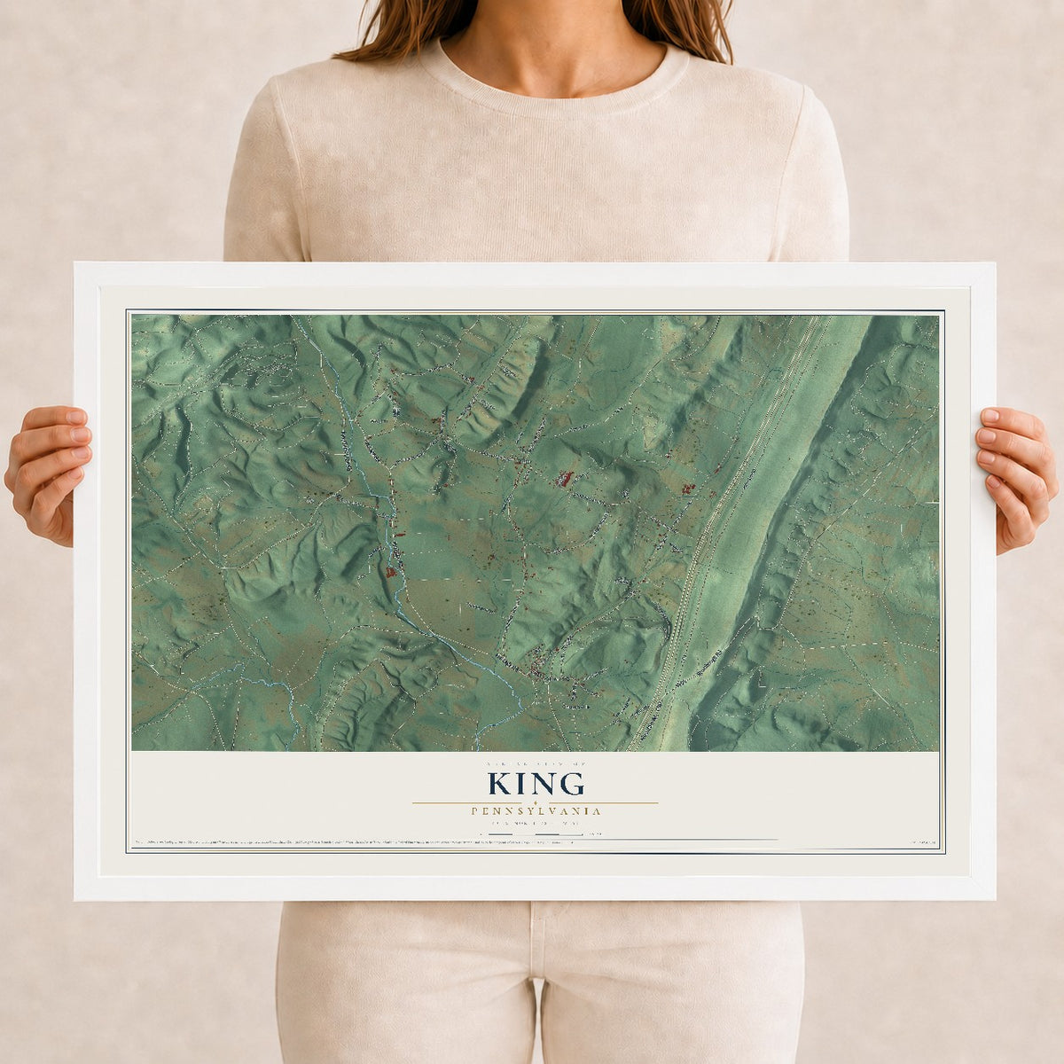 Map of King, Pennsylvania, 12 x 18 inch print in a white wood frame