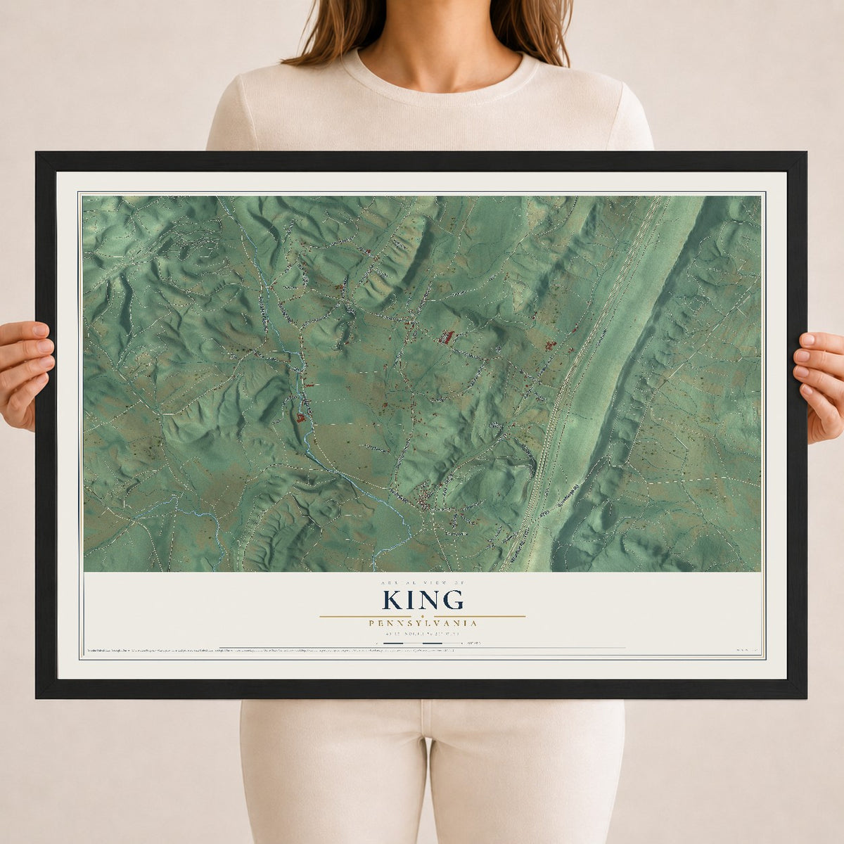 Map of King, Pennsylvania, 18 x 24 inch print in a black wood frame