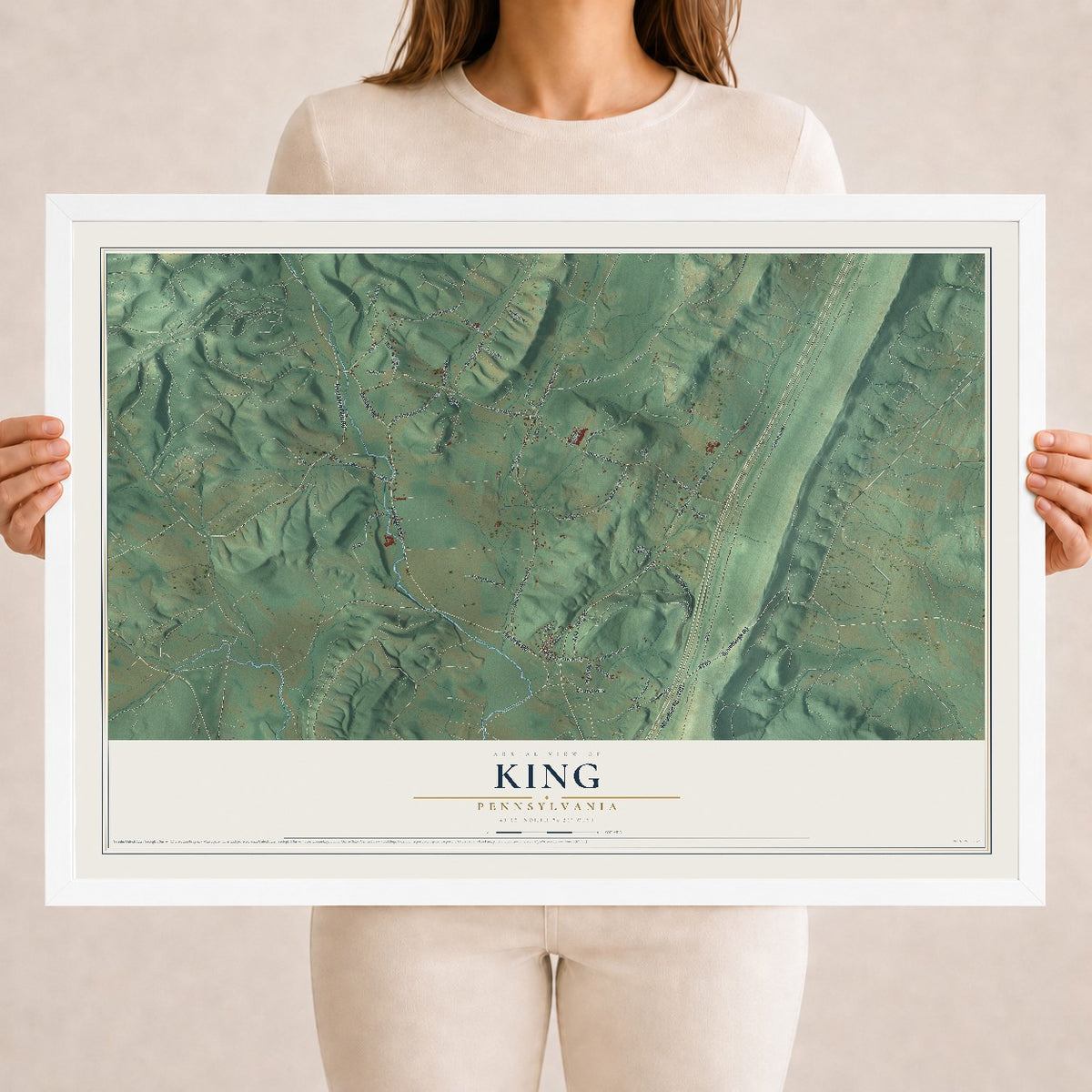 Map of King, Pennsylvania, 18 x 24 inch print in a white wood frame
