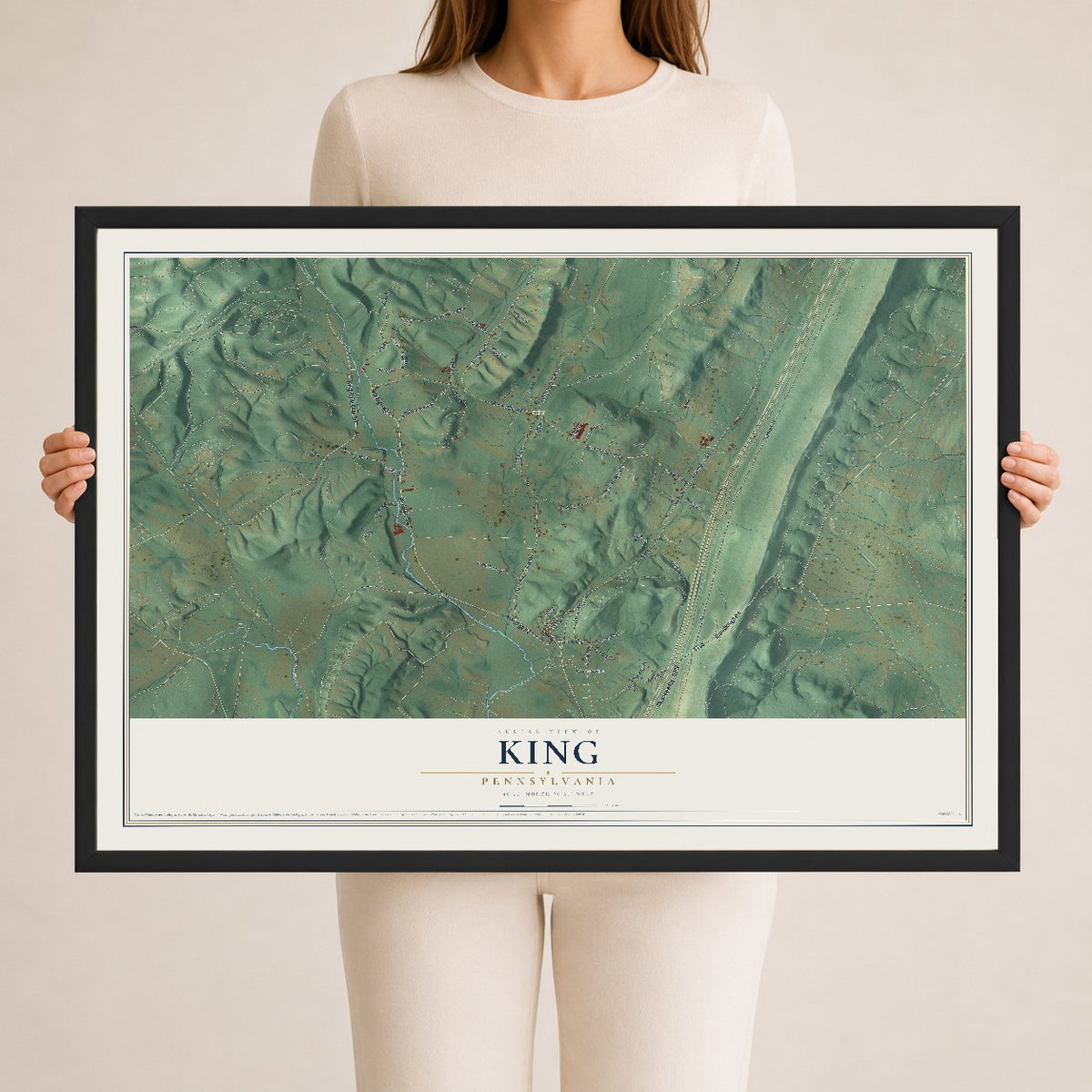 Map of King, Pennsylvania, 24 x 36 inch print in a black wood frame