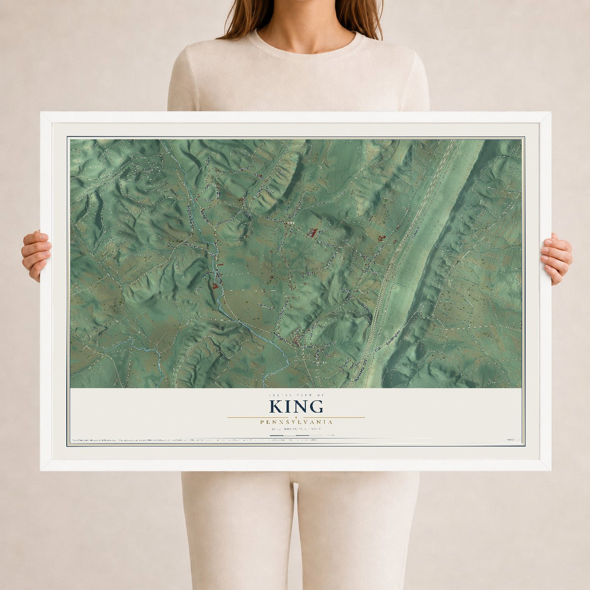 Map of King, Pennsylvania, 24 x 36 inch print in a white wood frame