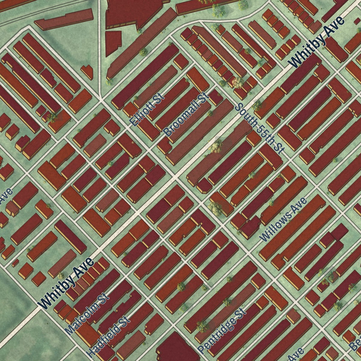 Close-up of the map of Kingsessing, Pennsylvania print showing street and building detail
