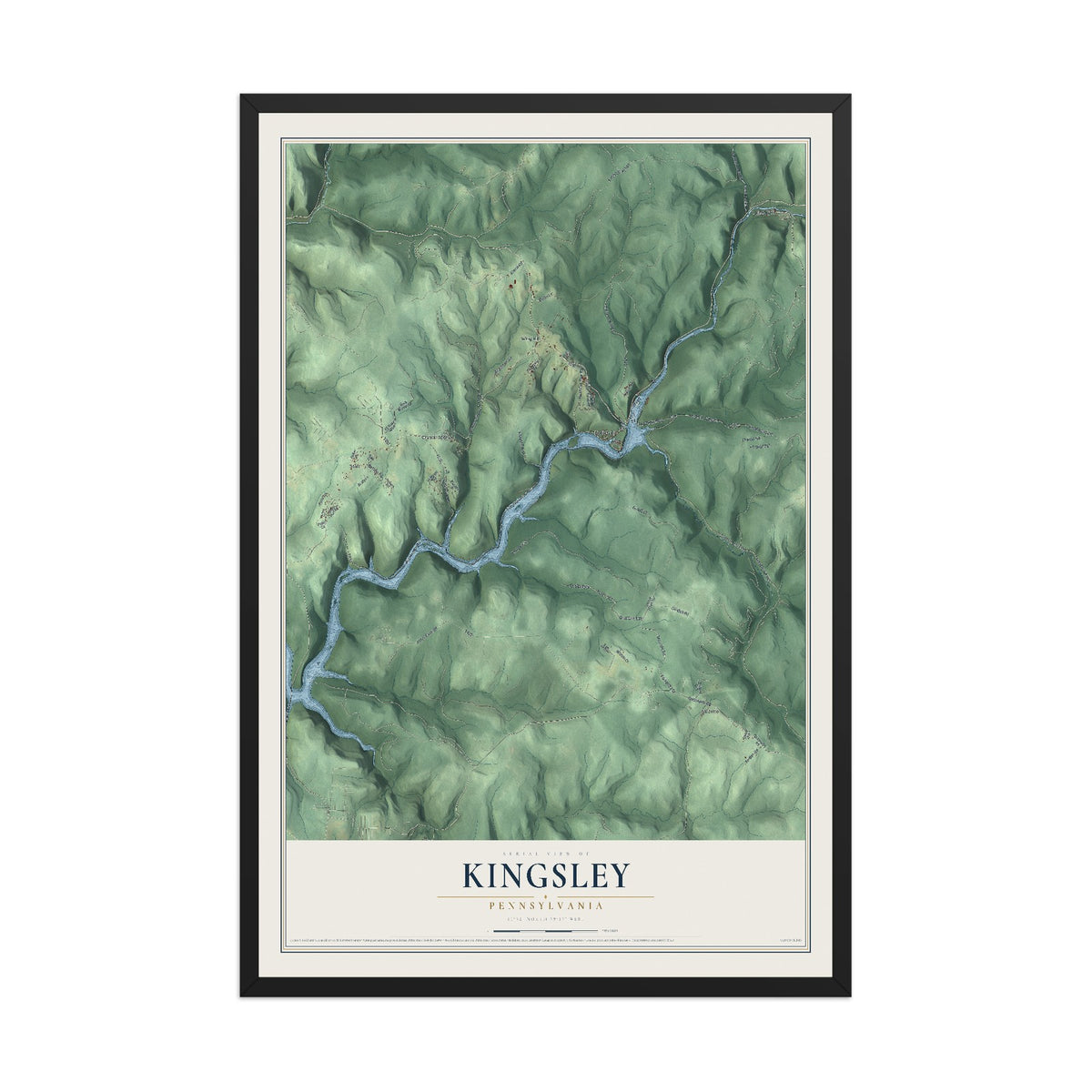 Map of Kingsley, Pennsylvania, 12 x 18 inch print in a black wood frame