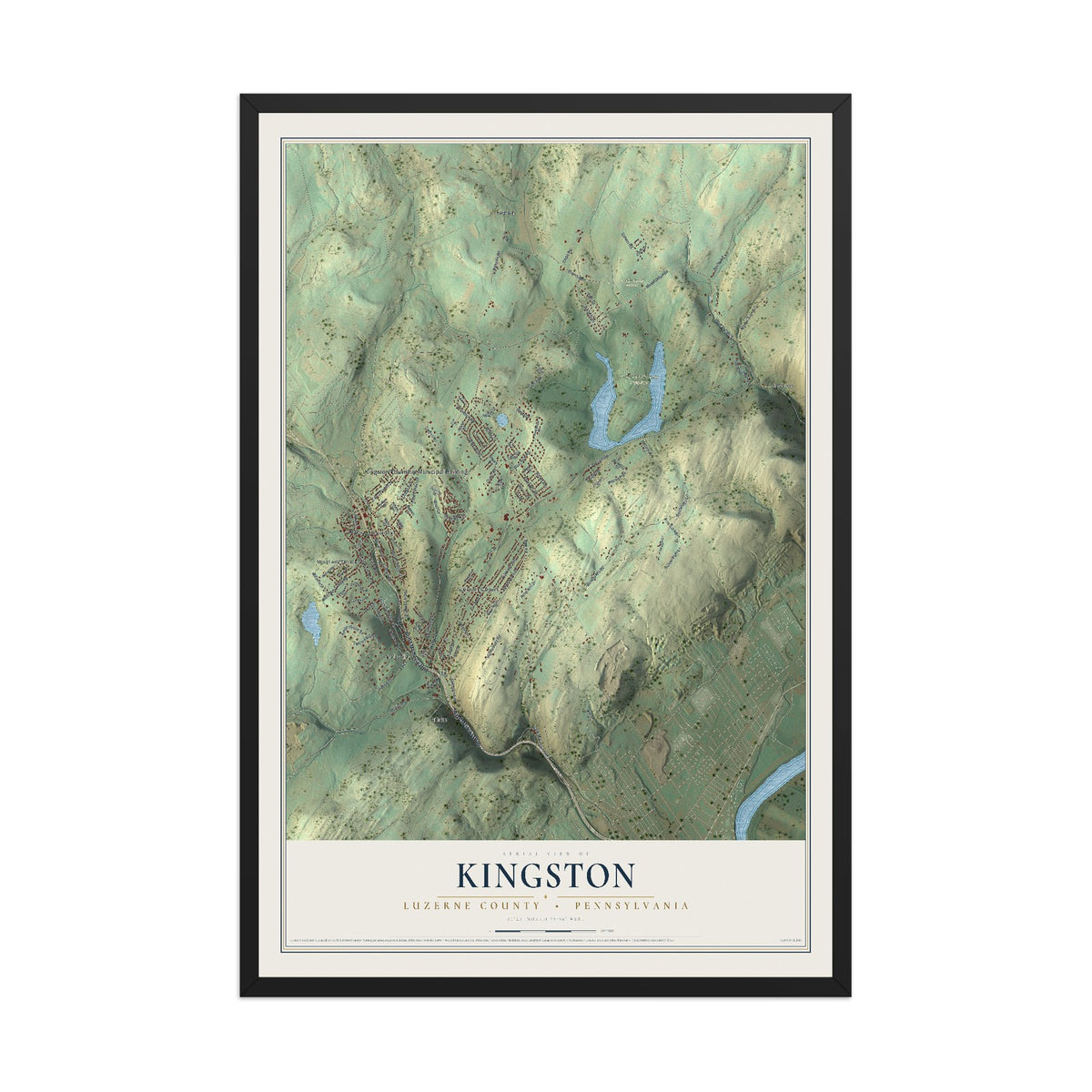 Map of Kingston, Luzerne County, Pennsylvania, 12 x 18 inch print in a black wood frame