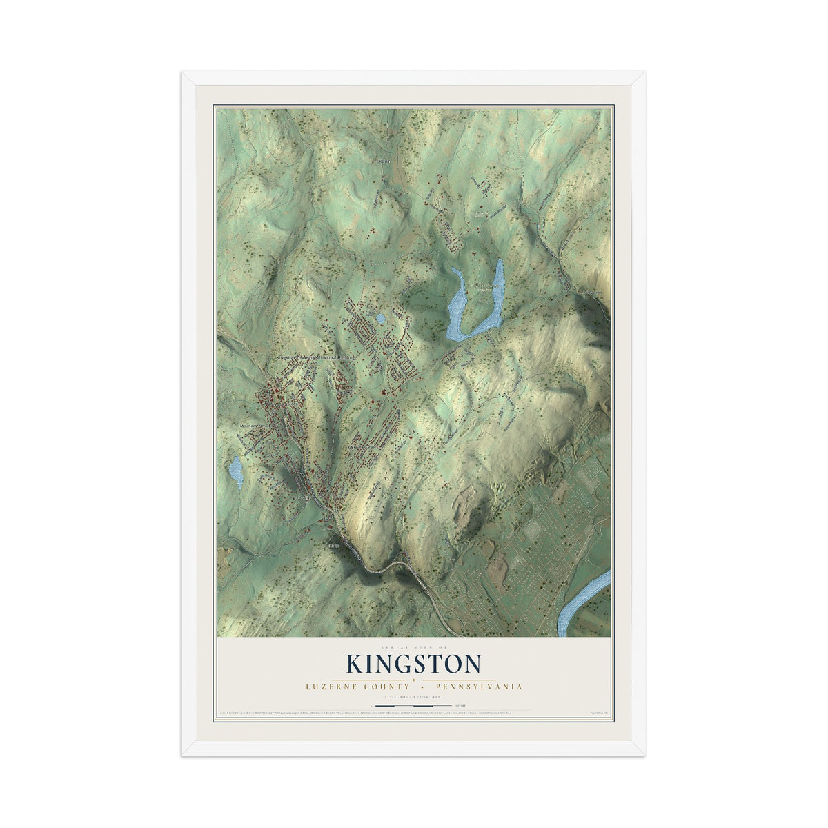 Map of Kingston, Luzerne County, Pennsylvania, 12 x 18 inch print in a white wood frame