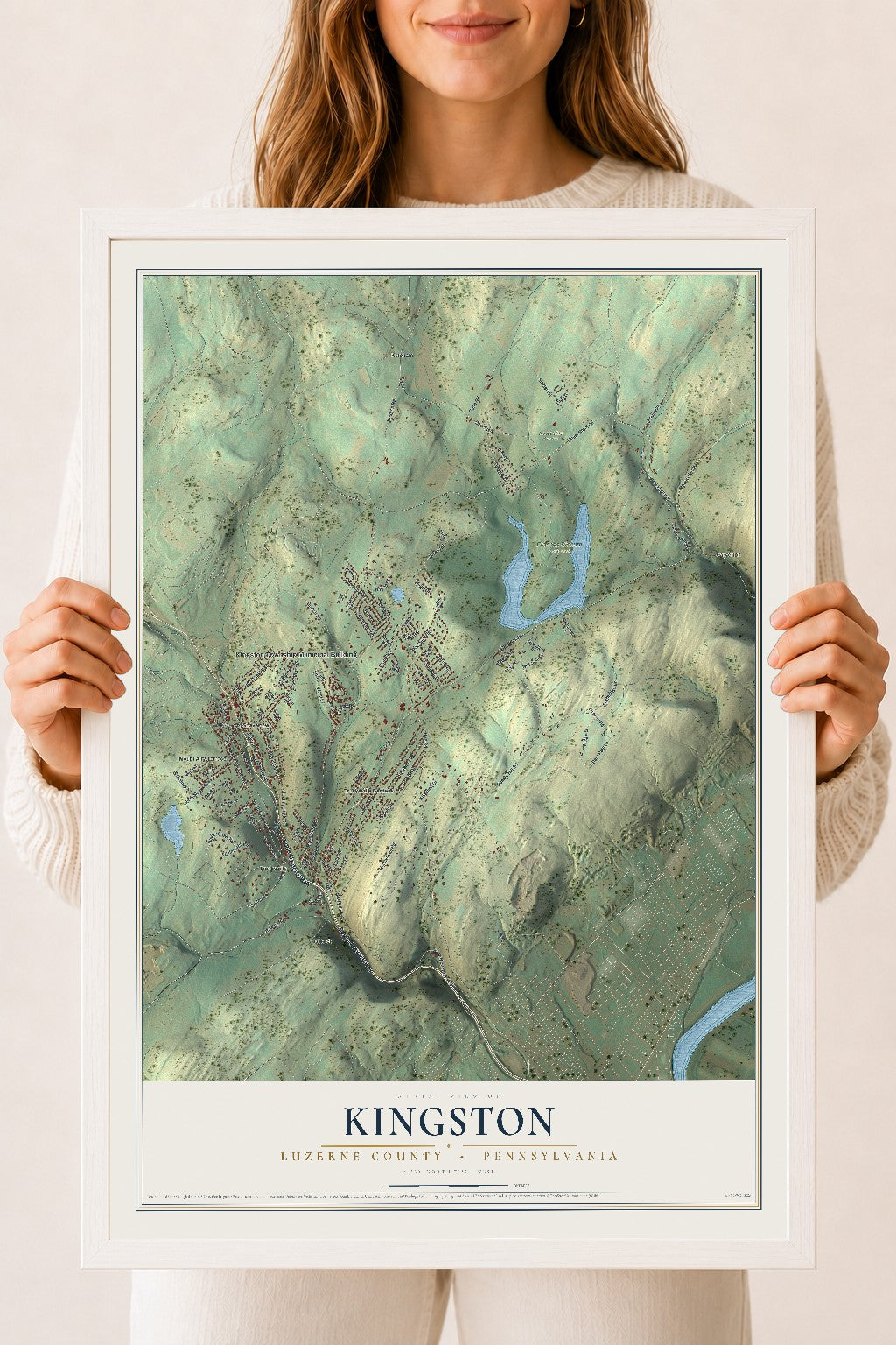 Map of Kingston, Luzerne County, Pennsylvania, 18 x 24 inch print in a white wood frame