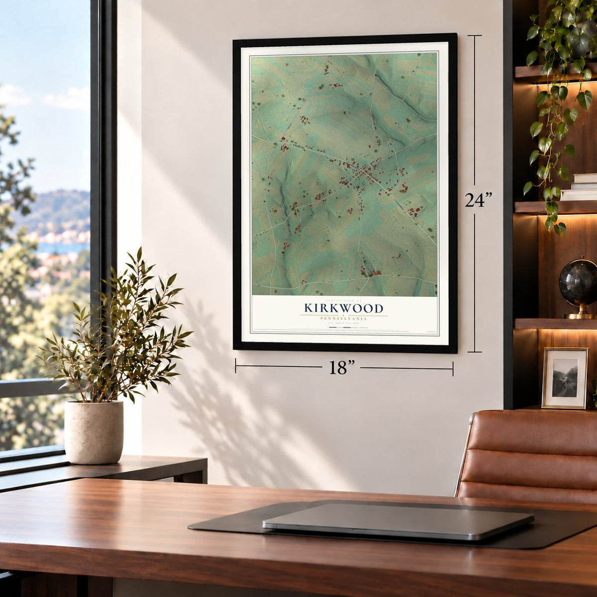 Kirkwood, Pennsylvania map, 18 x 24 inch print in a black frame in a home office