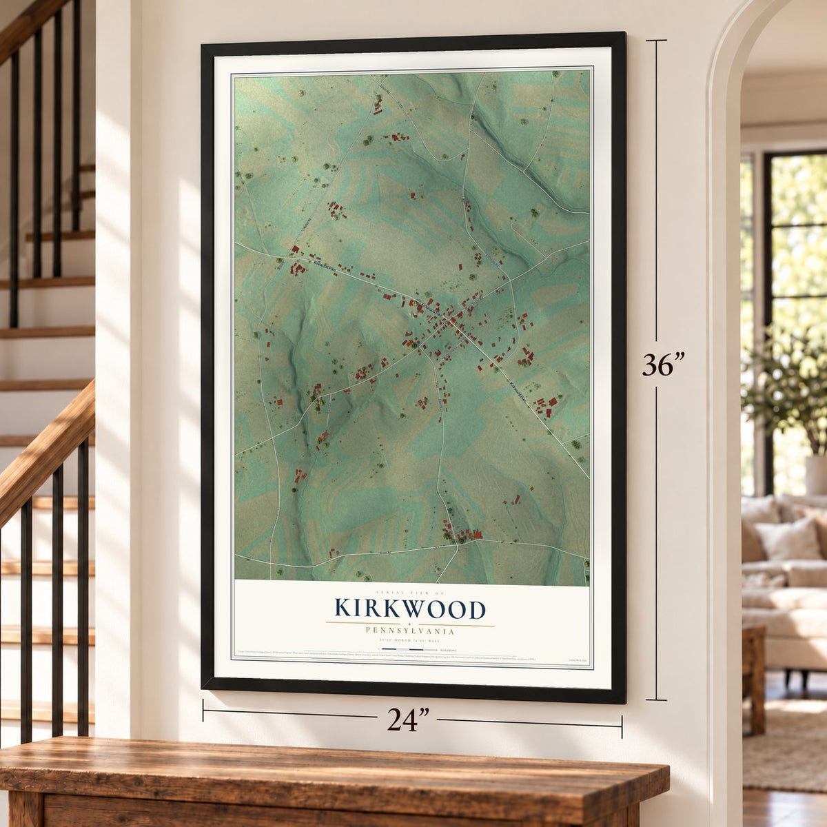 Kirkwood, Pennsylvania map, 24 x 36 inch print in a black frame by a staircase