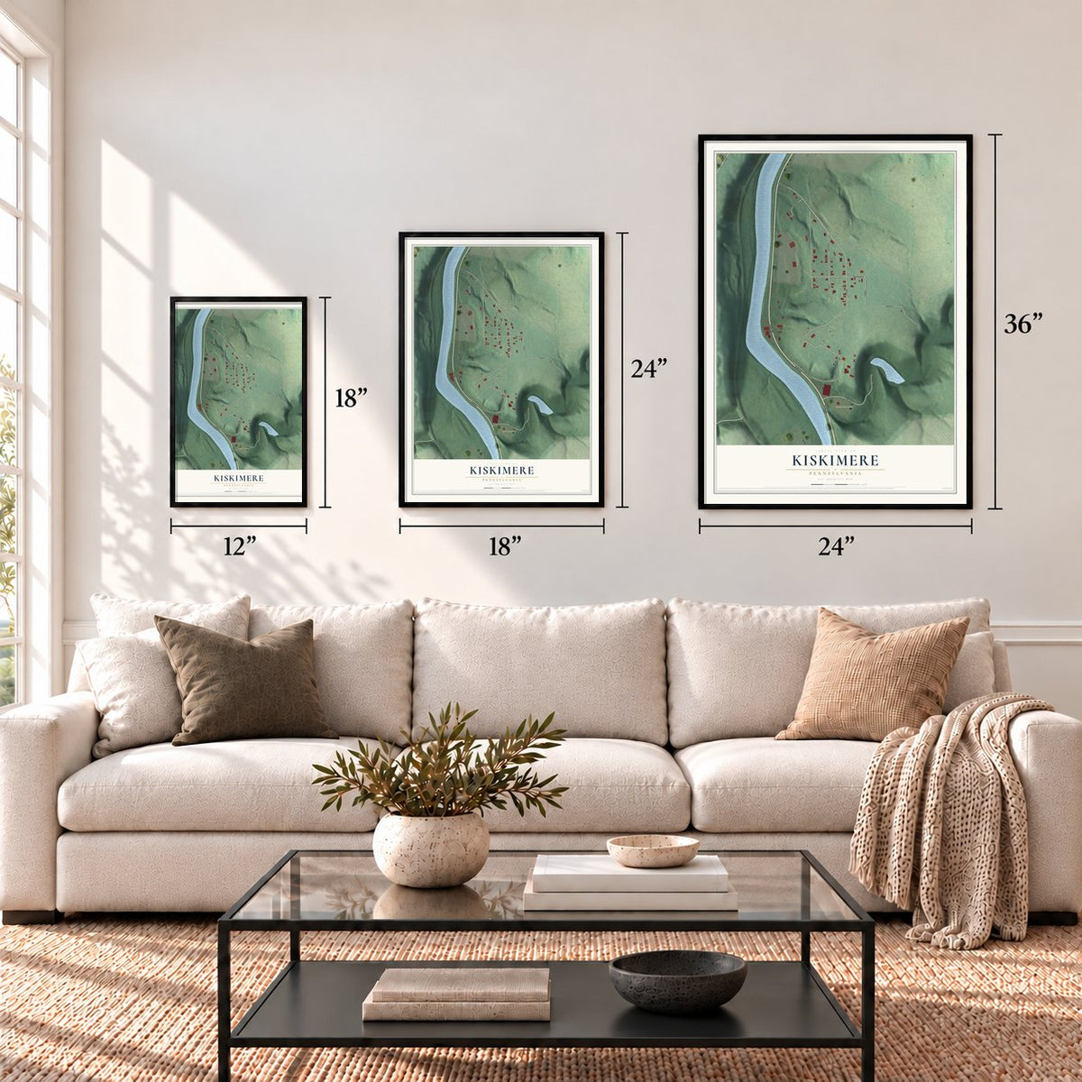Kiskimere, Pennsylvania map in 12 x 18, 18 x 24 and 24 x 36 inch sizes above a sofa