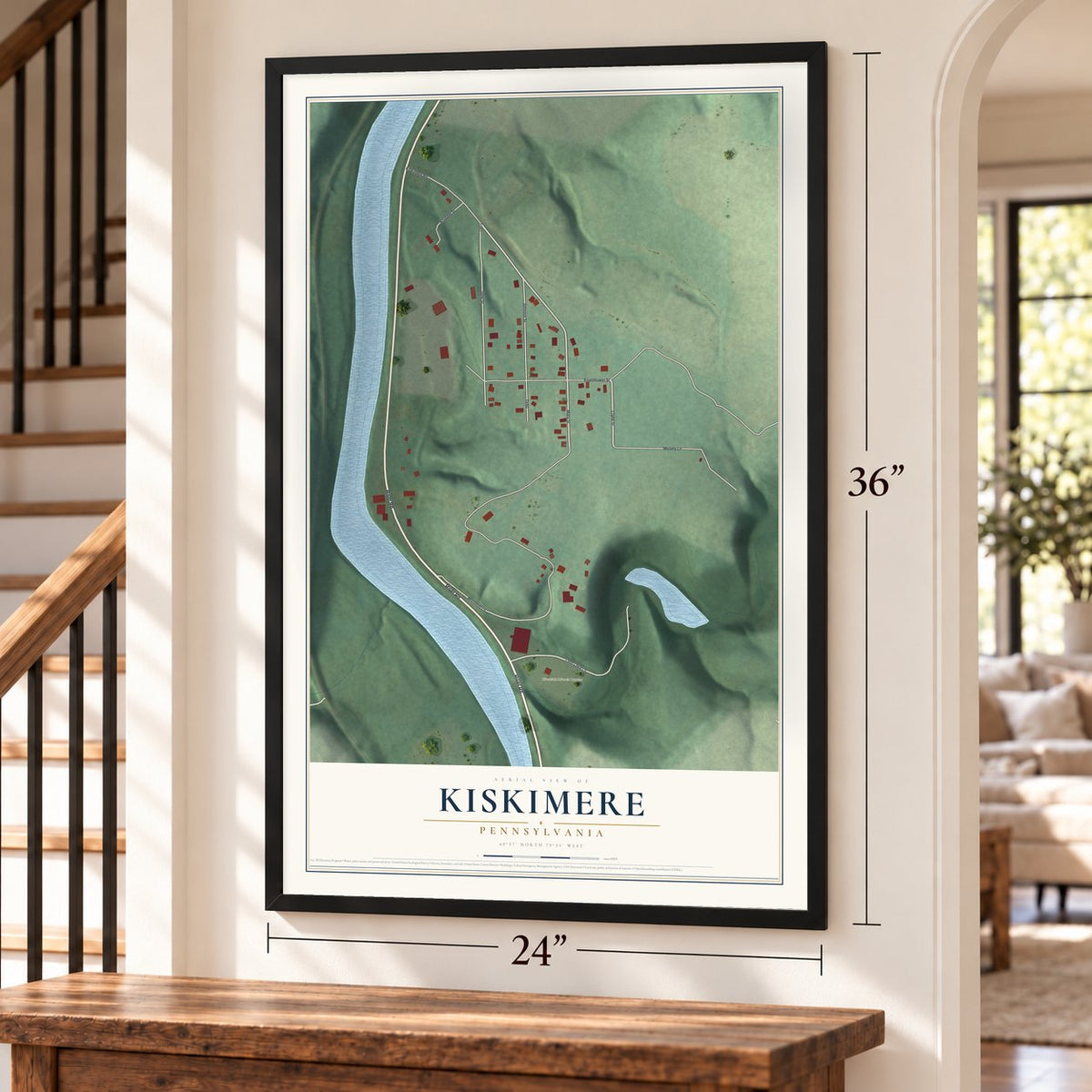 Kiskimere, Pennsylvania map, 24 x 36 inch print in a black frame by a staircase