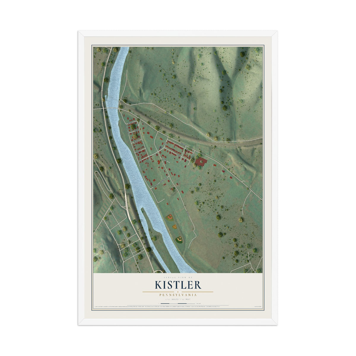 Map of Kistler, Pennsylvania, 12 x 18 inch print in a white wood frame