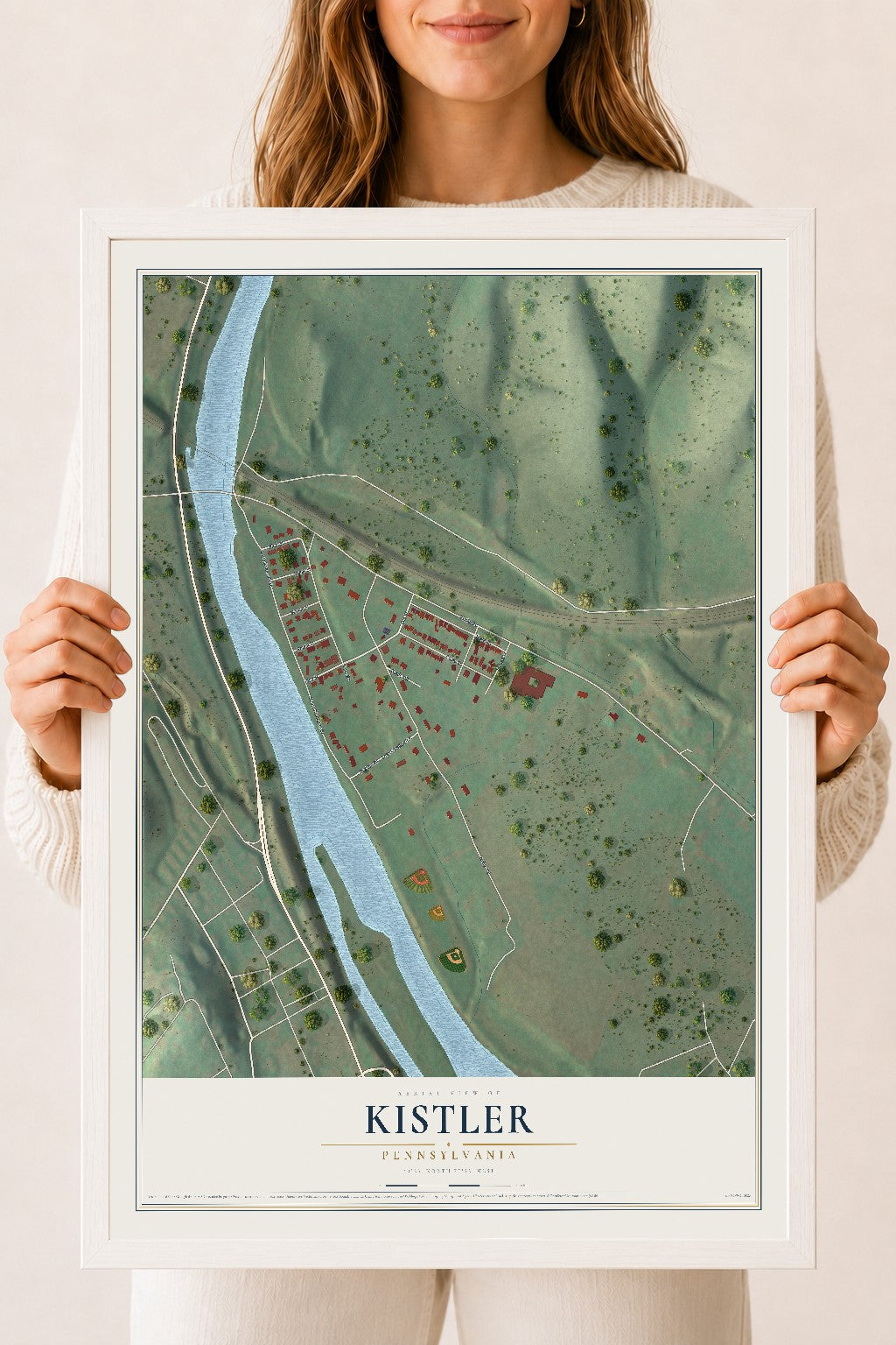 Map of Kistler, Pennsylvania, 18 x 24 inch print in a white wood frame