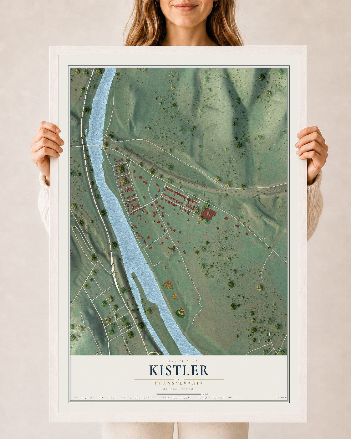 Map of Kistler, Pennsylvania, 24 x 36 inch print in a white wood frame
