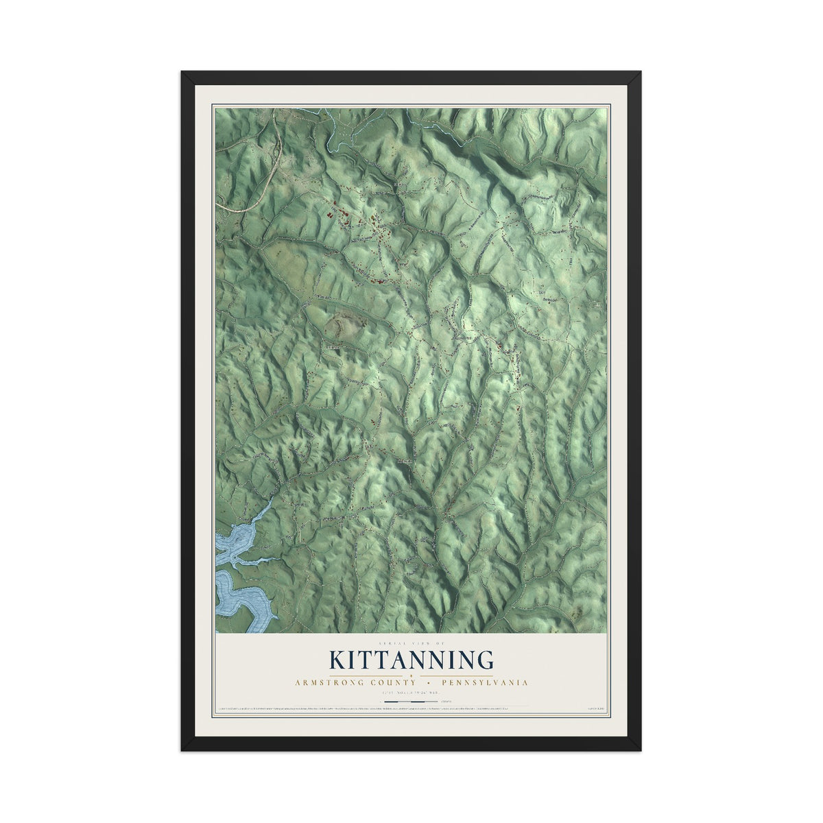 Map of Kittanning, Armstrong County, Pennsylvania, 12 x 18 inch print in a black wood frame