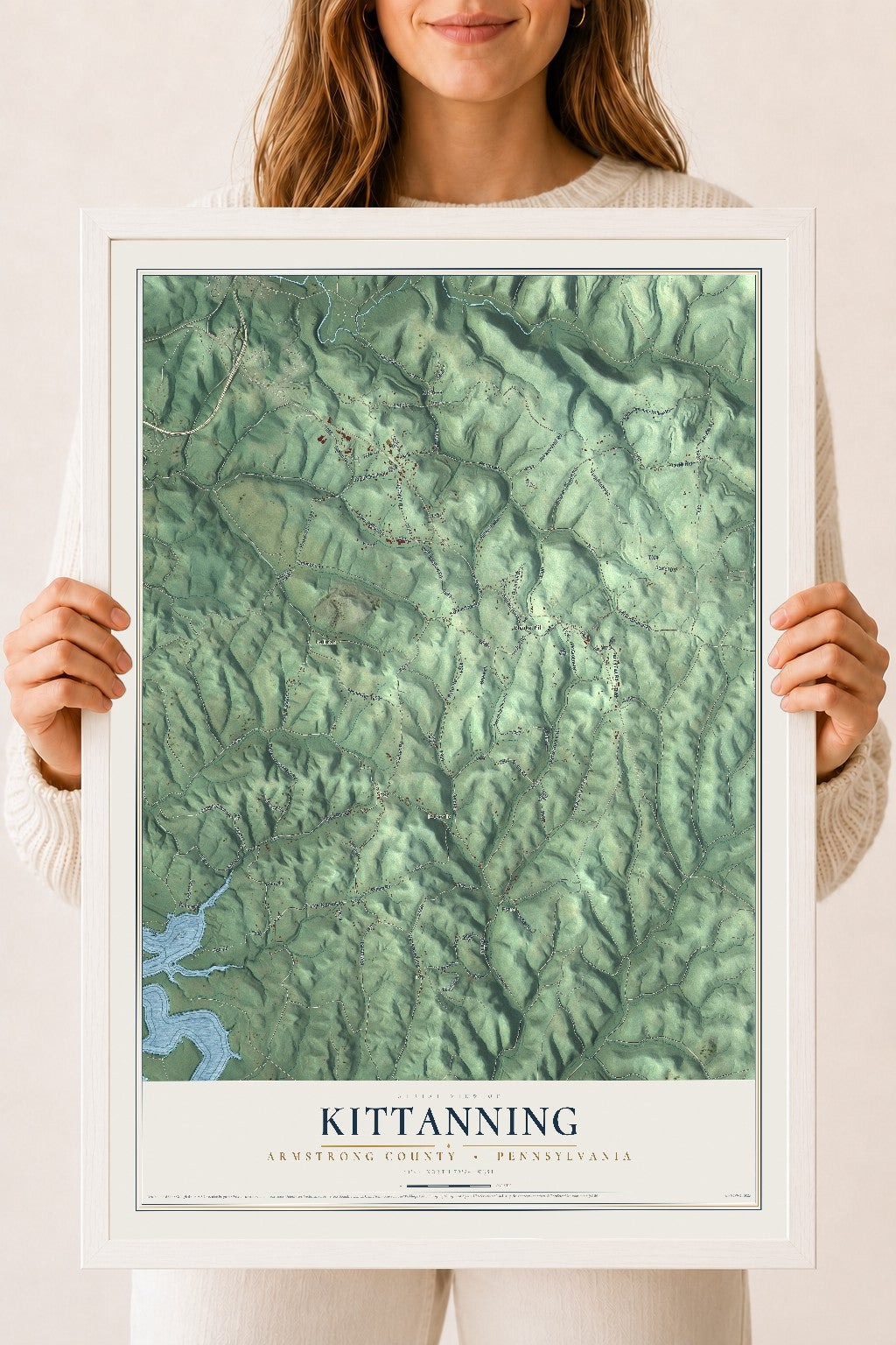 Map of Kittanning, Armstrong County, Pennsylvania, 18 x 24 inch print in a white wood frame