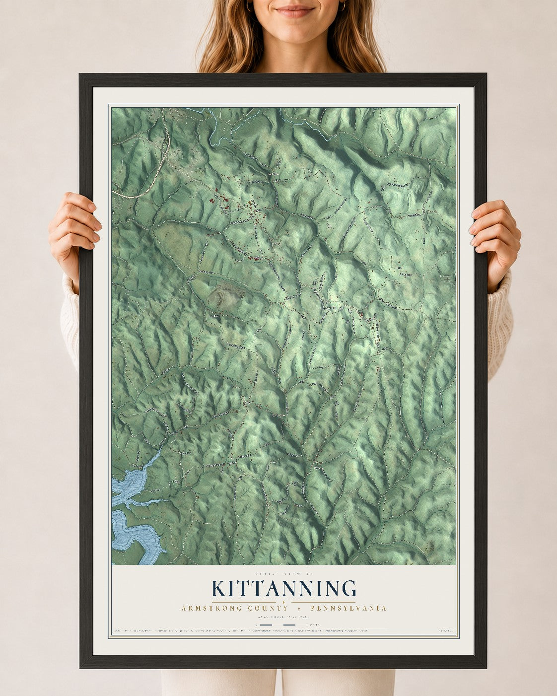 Map of Kittanning, Armstrong County, Pennsylvania, 24 x 36 inch print in a black wood frame