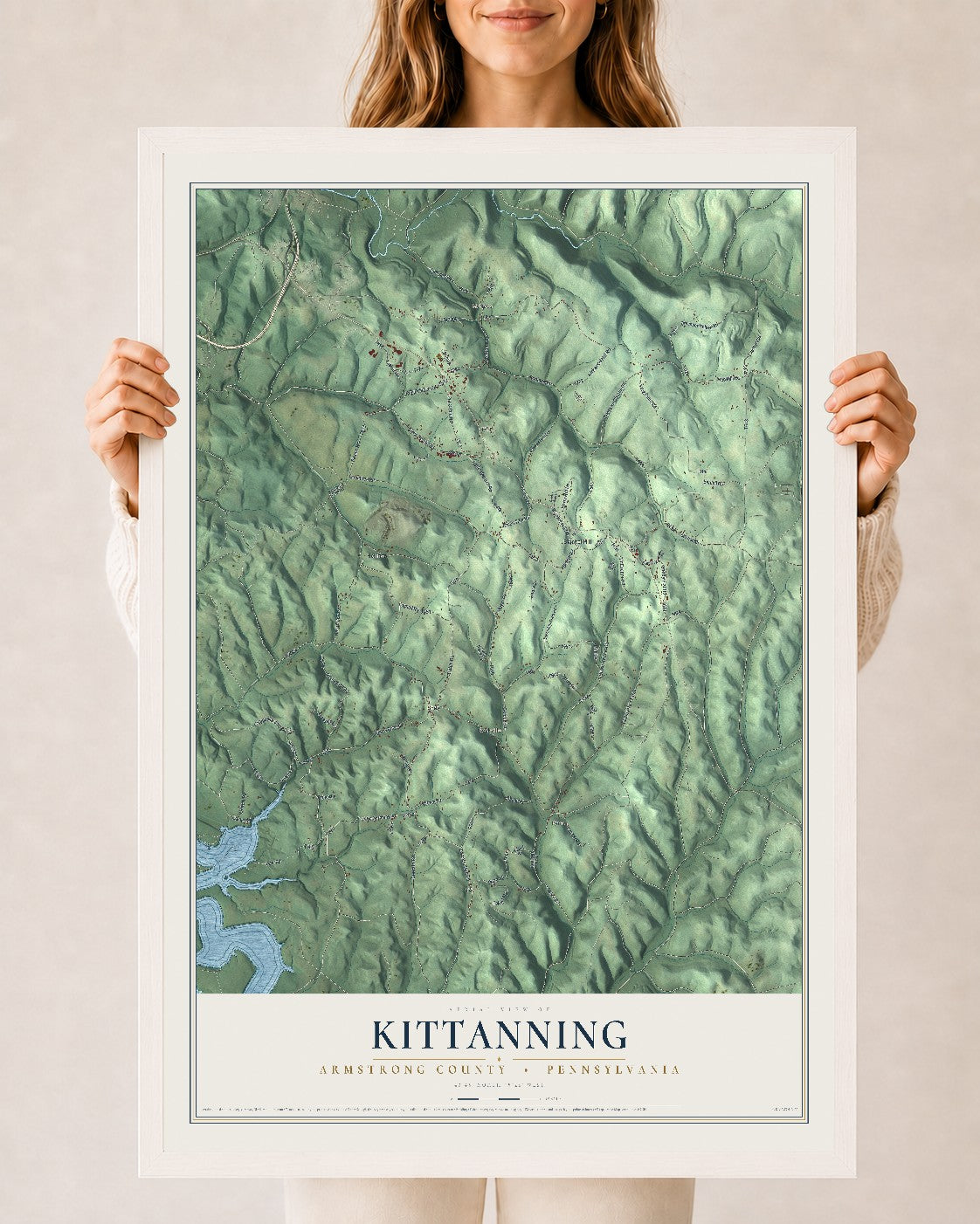 Map of Kittanning, Armstrong County, Pennsylvania, 24 x 36 inch print in a white wood frame