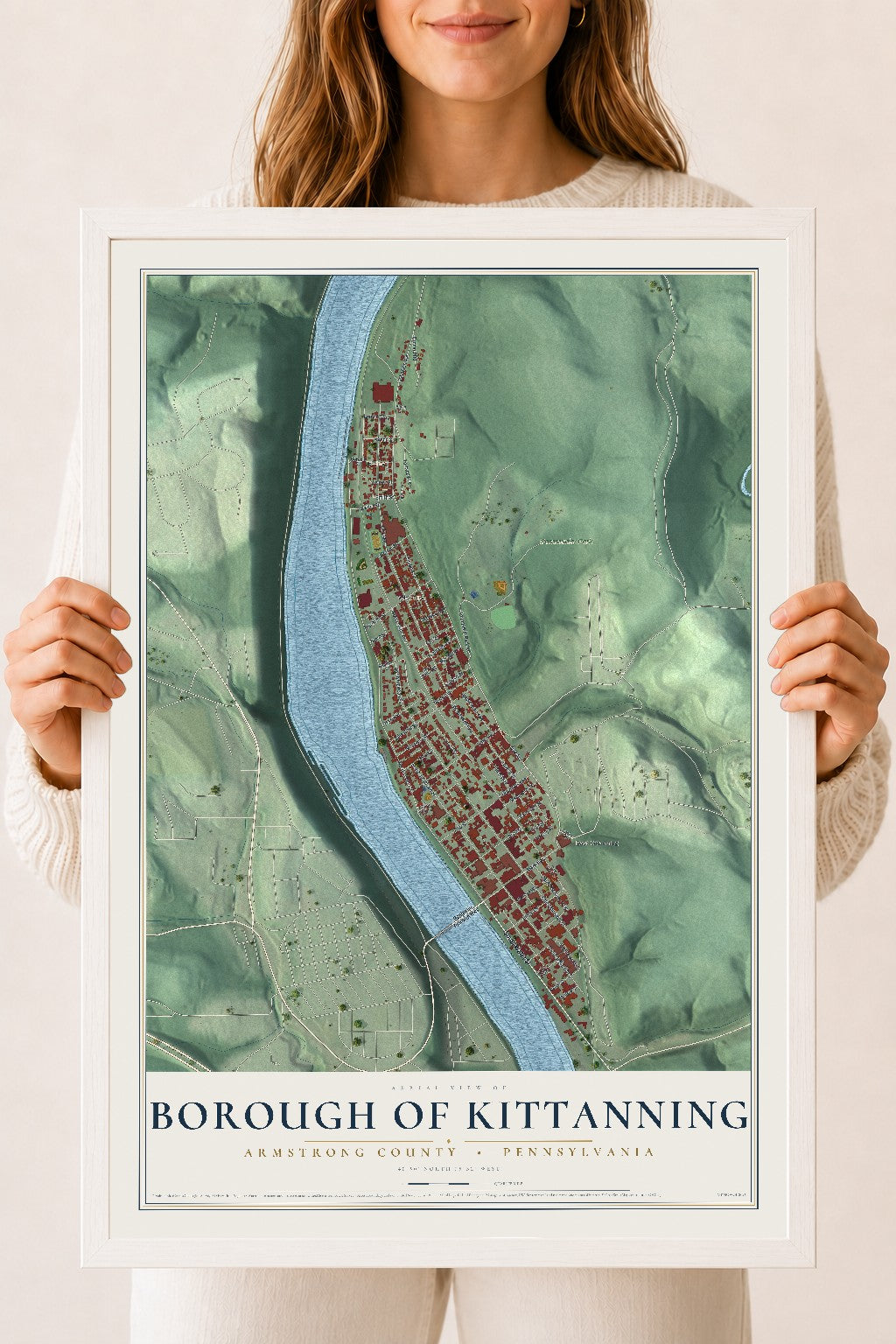Map of the Borough of Kittanning, Armstrong County, Pennsylvania, 18 x 24 inch print in a white wood frame