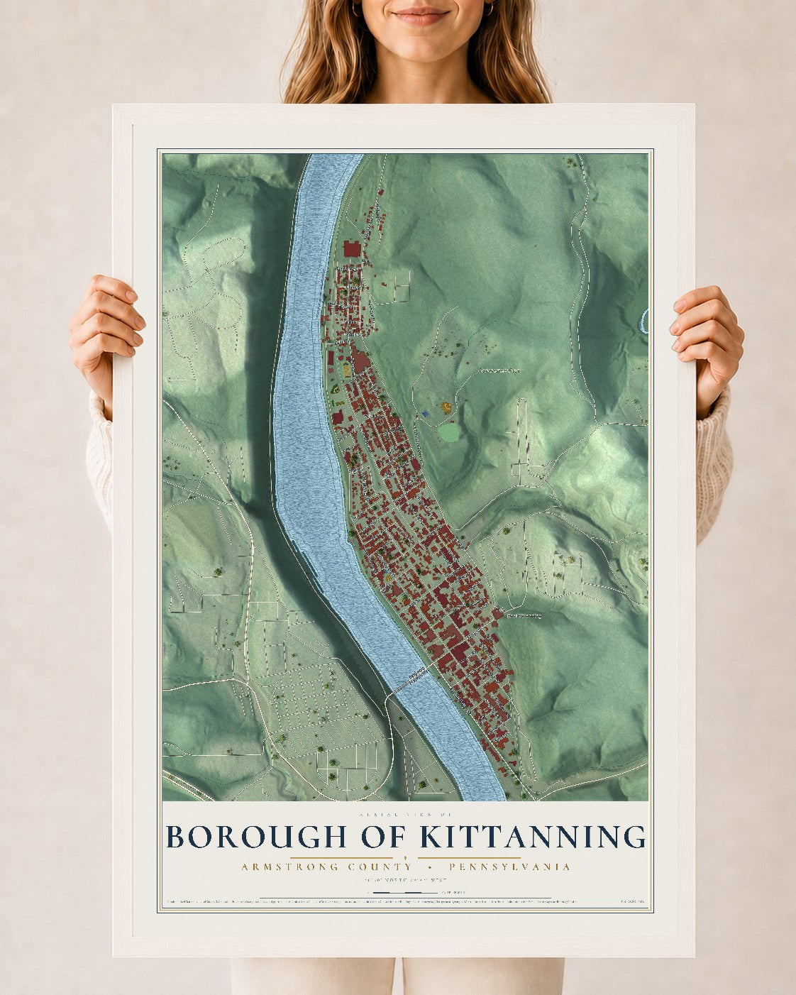 Map of the Borough of Kittanning, Armstrong County, Pennsylvania, 24 x 36 inch print in a white wood frame