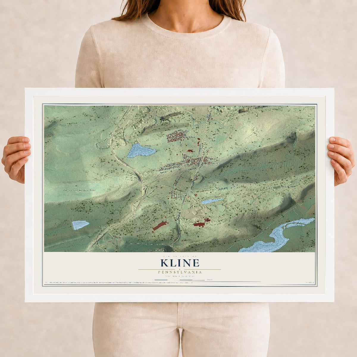 Map of Kline, Pennsylvania, 12 x 18 inch print in a white wood frame