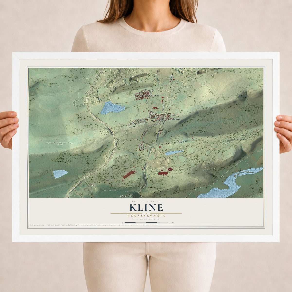 Map of Kline, Pennsylvania, 18 x 24 inch print in a white wood frame