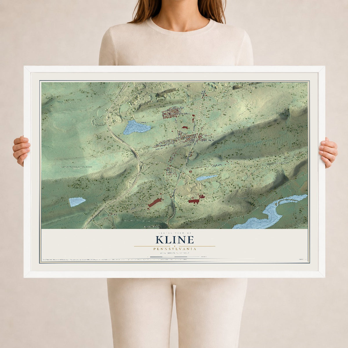 Map of Kline, Pennsylvania, 24 x 36 inch print in a white wood frame