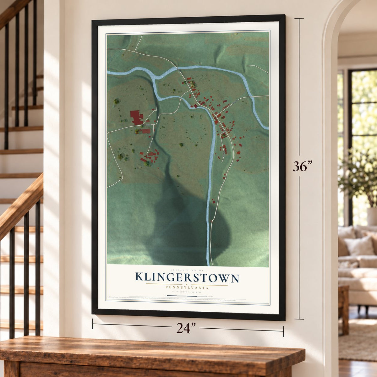 Klingerstown, Pennsylvania map, 24 x 36 inch print in a black frame by a staircase