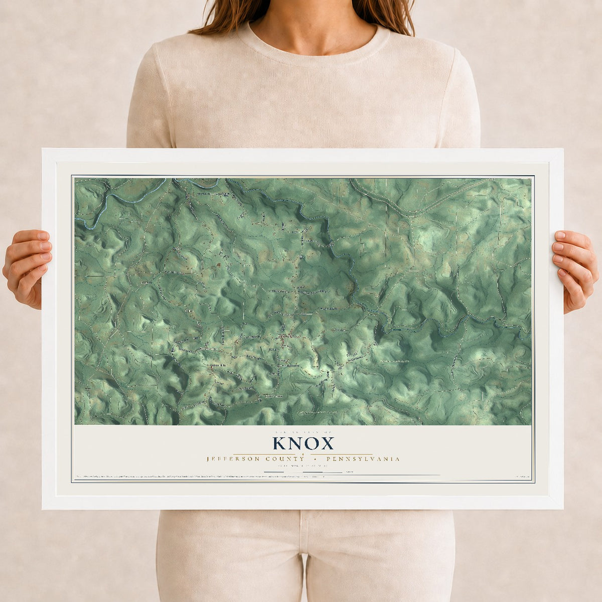 Map of Knox, Jefferson County, Pennsylvania, 12 x 18 inch print in a white wood frame