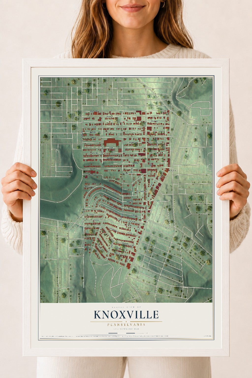 Map of Knoxville, Pennsylvania, 18 x 24 inch print in a white wood frame