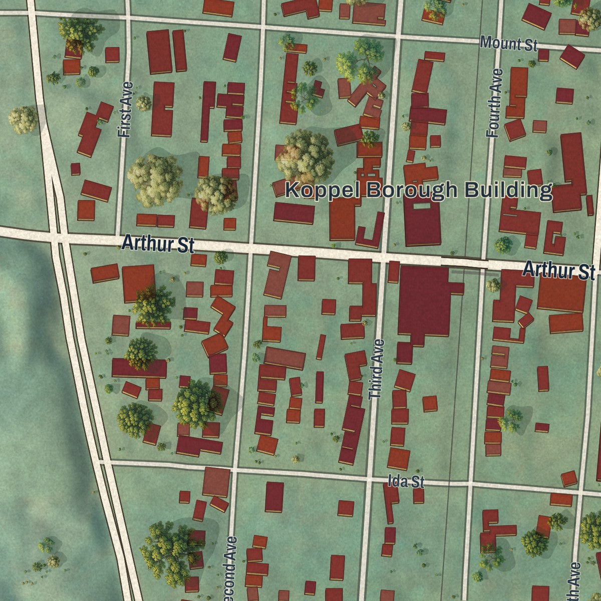 Close-up of the map of Koppel, Pennsylvania print showing street and building detail