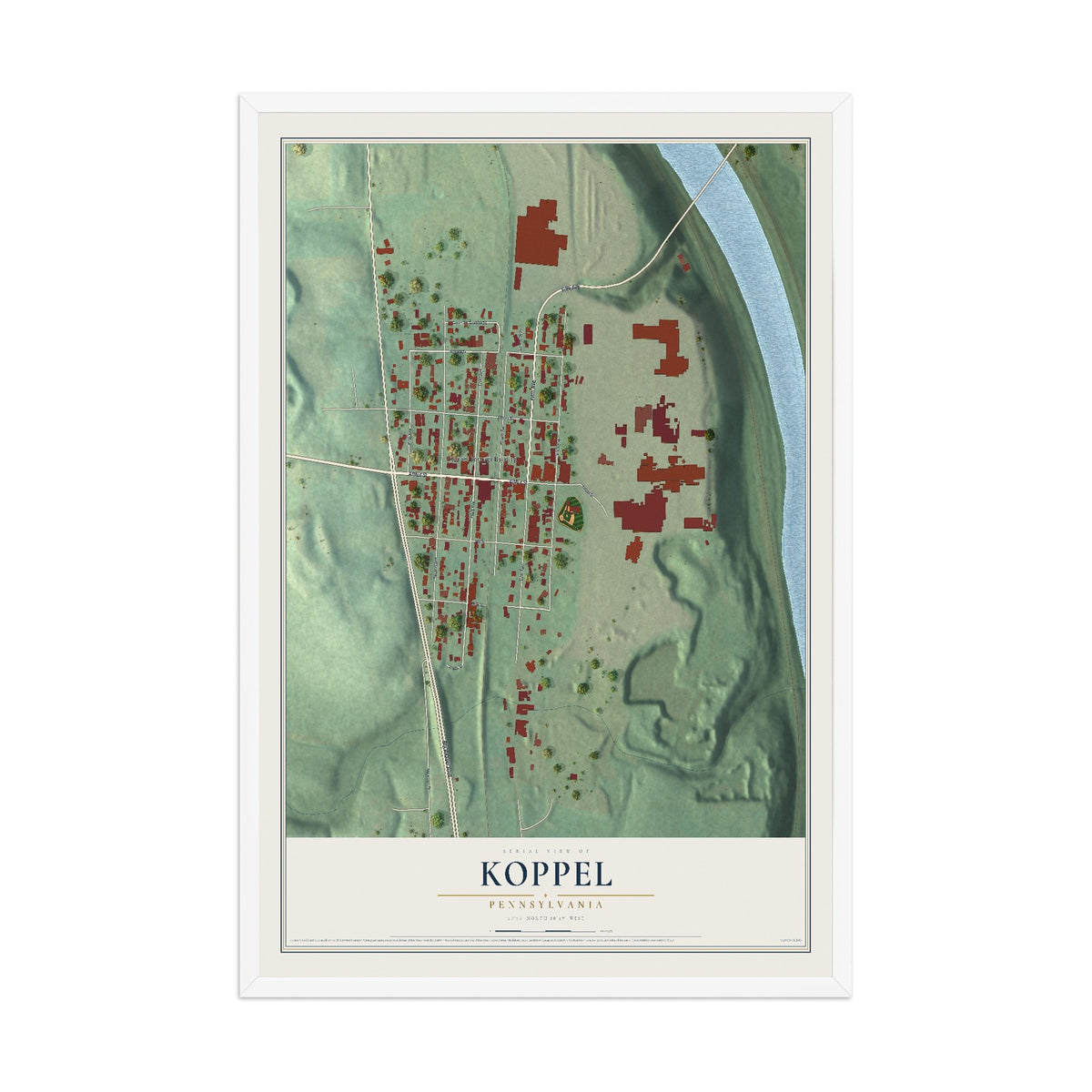 Map of Koppel, Pennsylvania, 12 x 18 inch print in a white wood frame