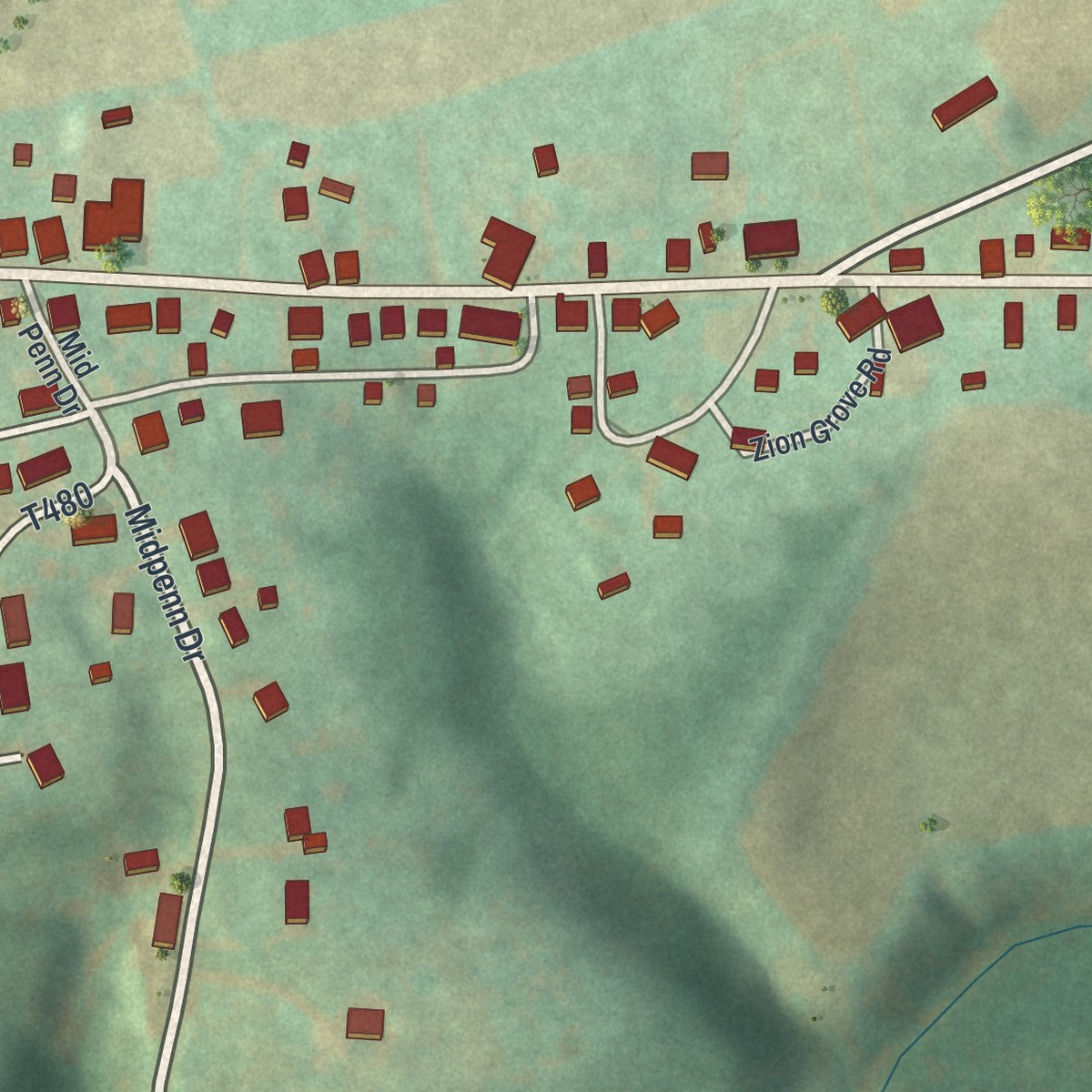 Close-up of the map of Kratzerville, Pennsylvania print showing street and building detail