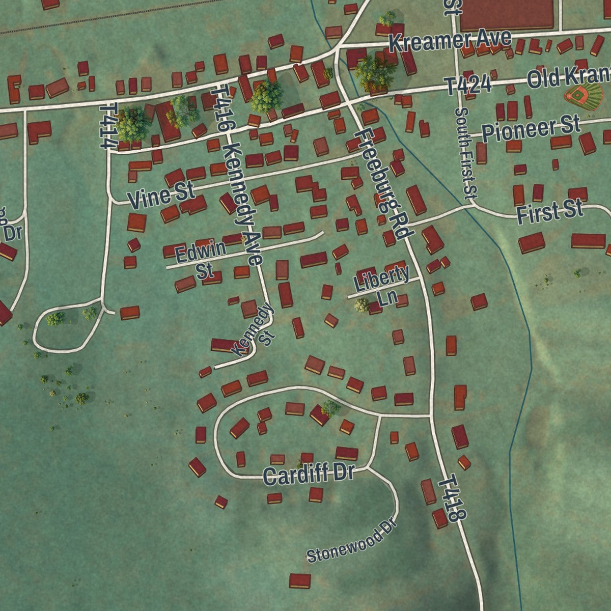 Close-up of the map of Kreamer, Pennsylvania print showing street and building detail