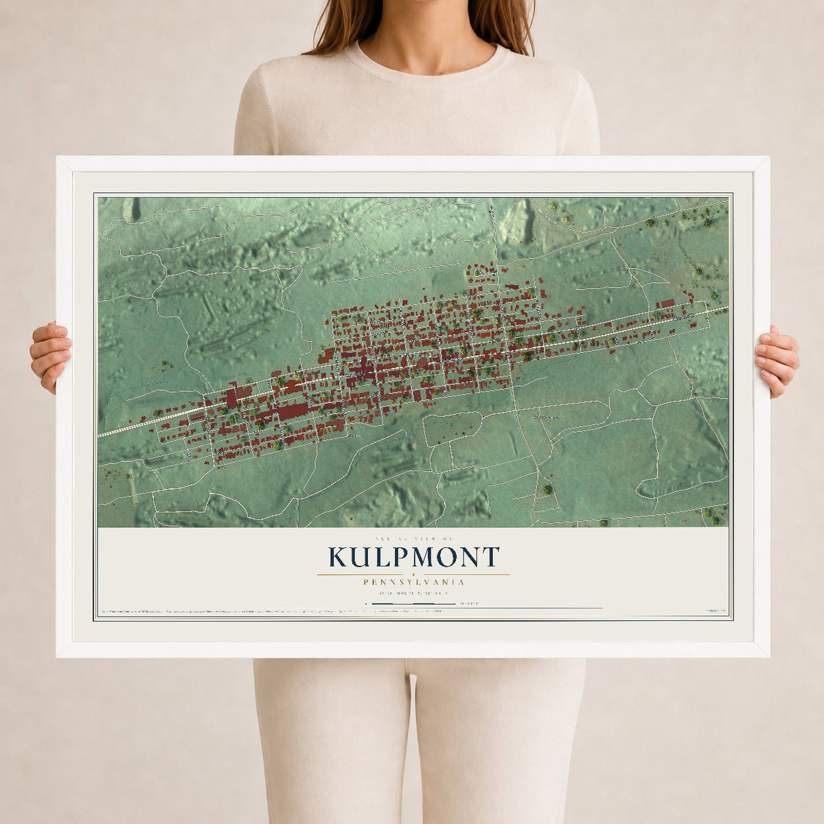Map of Kulpmont, Pennsylvania, 24 x 36 inch print in a white wood frame